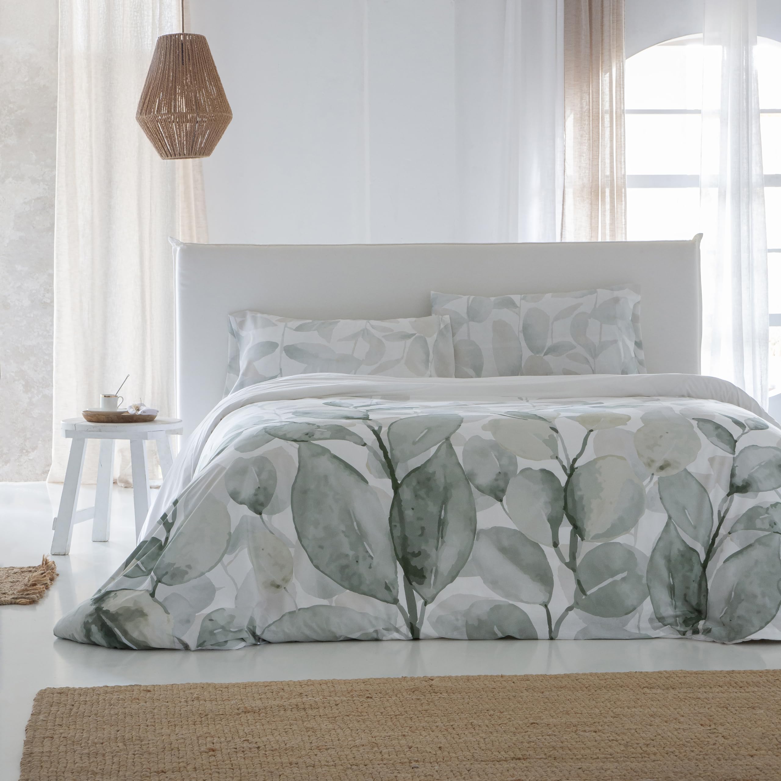 COTTON ARTean Funda Nórdica Cama 90 ALGODÓN Pas Blanco y Verde Botones | Incluye 2 piezas: F. Edredón 150x260 + 1 F.de Almohada Certificado OEKO-TEX