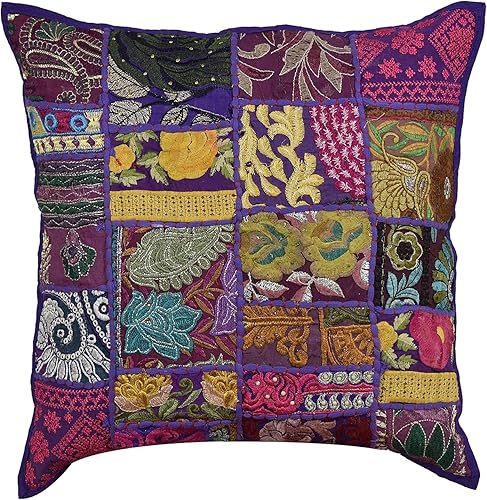 Sophia-Art Decorative Cushion Cover Cotton Patchwork Embroidered Sequin Beads Ethnic Flowers Leaves Geometric Square Scatter Floor Pillow Case Fits (Purple (Scatter Square), 20" x 20") - Purple - 20" x 20" (Pack of 1)