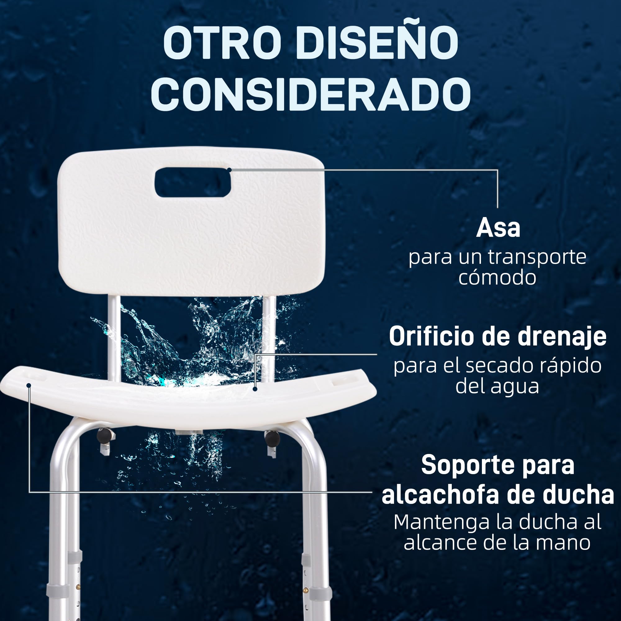 HOMCOM Silla para Ducha Personas Mayores Taburete de Ducha con Altura Ajustable en 8 Niveles Respaldo y Alfombrillas Antideslizante Ayuda para Baño para Ancianos y Discapacitados