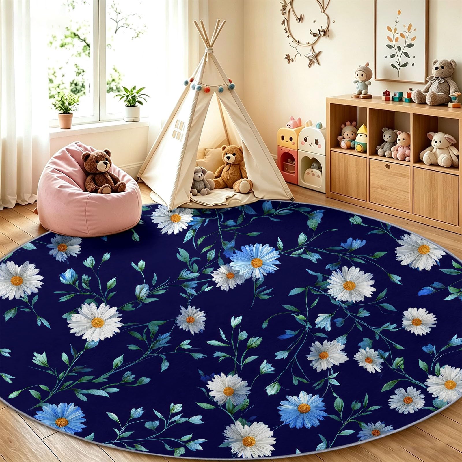 Generisch Alfombra redonda lavable salón 180 cm azul estilo rústico