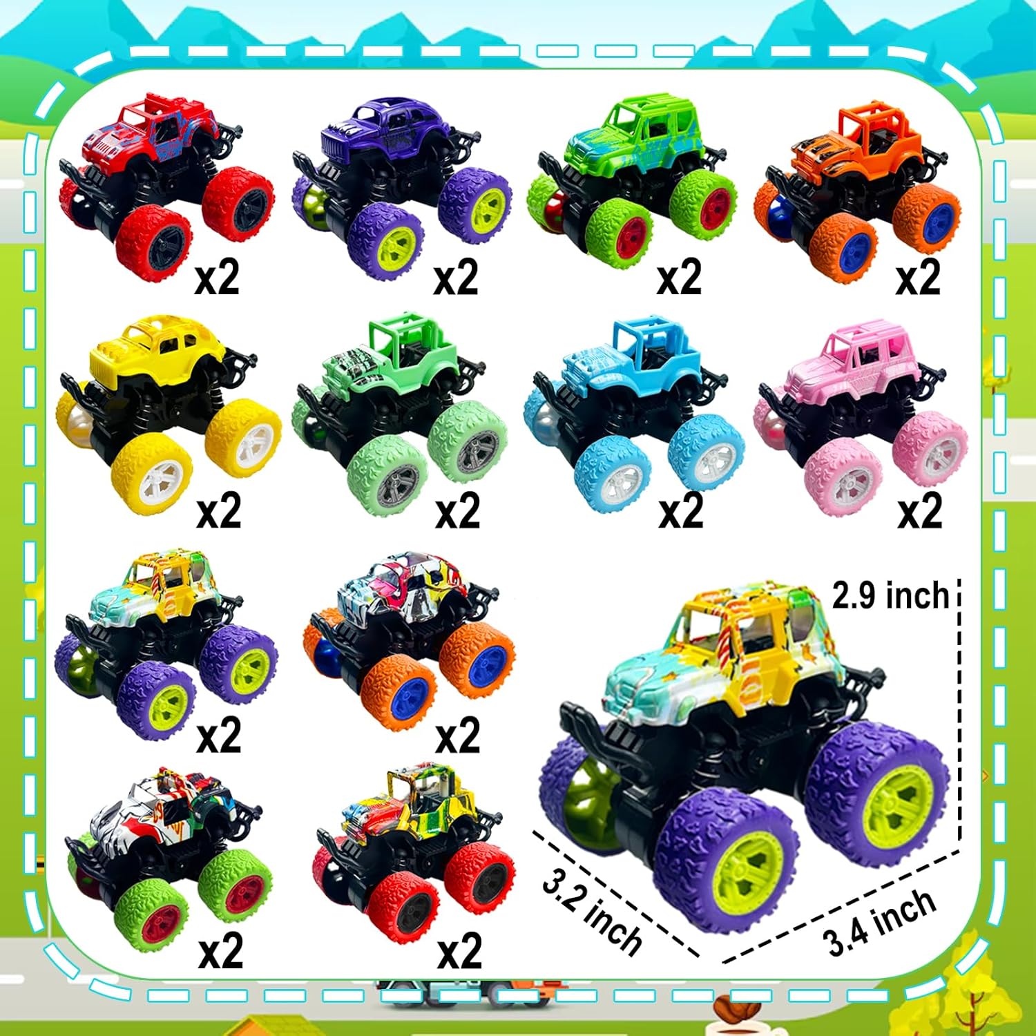 24 Pack Mini Monster Trucks Toys for Boys Girls Aged 3 and Above, Pull Back Truck Push and Go Friction Powered Car Toys Monster Truck Party Favors Birthday Decorations Classroom Prizes for Kids