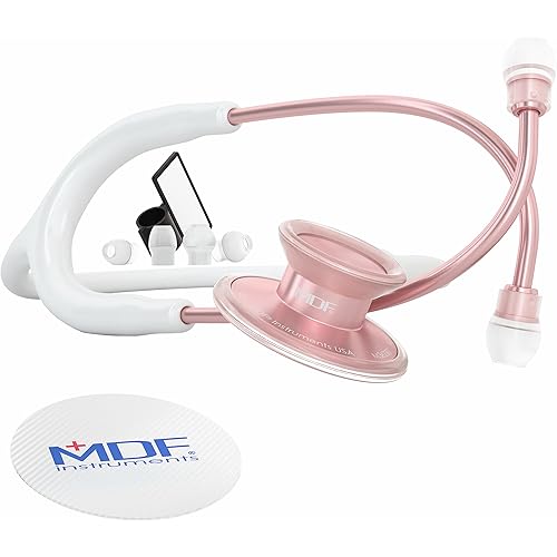 MDF Instruments, Acoustica Lightweight Stethoscope for Doctors, Nurses, Students, Home Health Use, Adult, Dual Head, White Tube, Rosegold (Matte Finish) Chestpiece-Headset, MDF747XPRG29