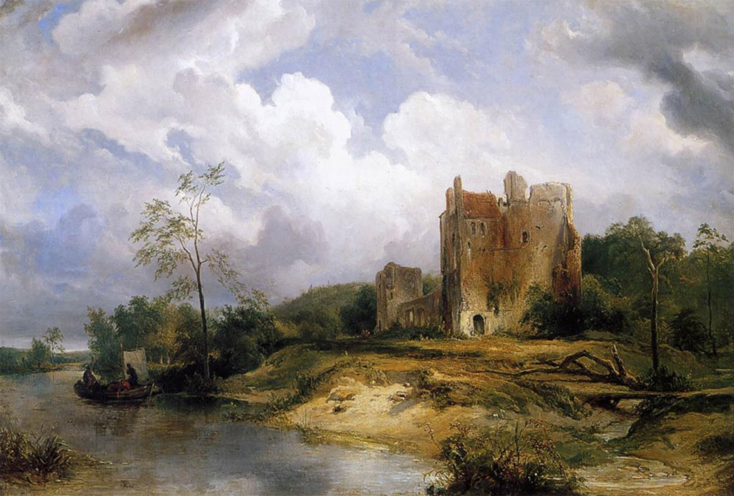 ARTXLXXBN Famous Print Painting Colorful Art Print River Landscape with Ruins by Wijnandus Johannes us Nuyen Canvas Art Decorations for Home Decor 60x90cm