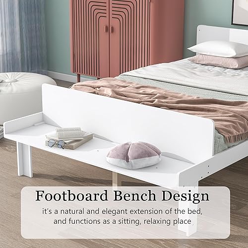 Miniatura 4 de Merax Base de cama matrimonial para niños, cama de plataforma de madera tamaño matrimonial con banco de estribo, cama matrimonial con cabecero para