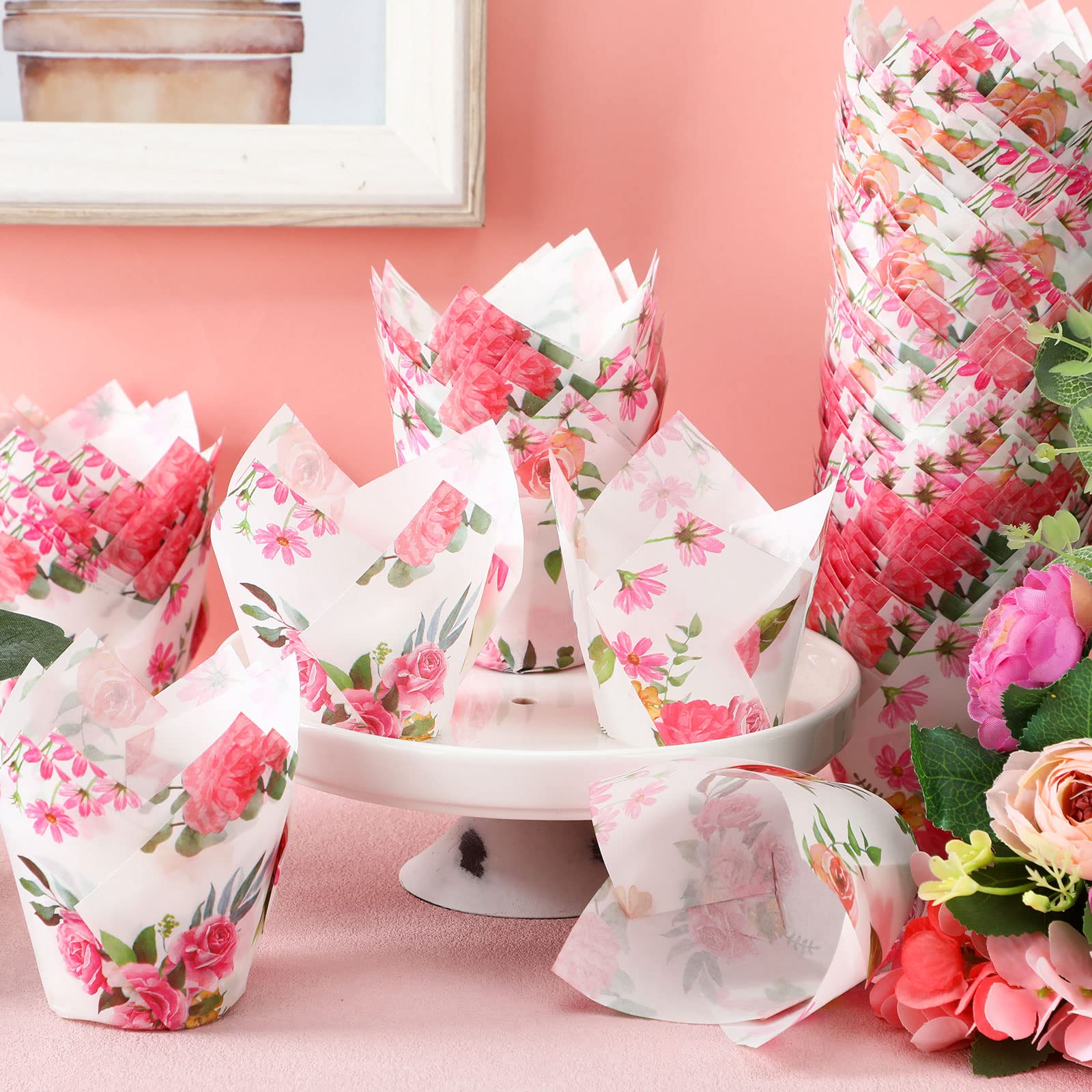 Funtery 200 Stück Rosa Blume Tulpe Cupcake Wrappers Liner Tulpe zum Backen Blumen Liner Mini Cupcake Backen Rustikale Geburtstag Party Dekoration für Brautdusche Hochzeit Festival Party