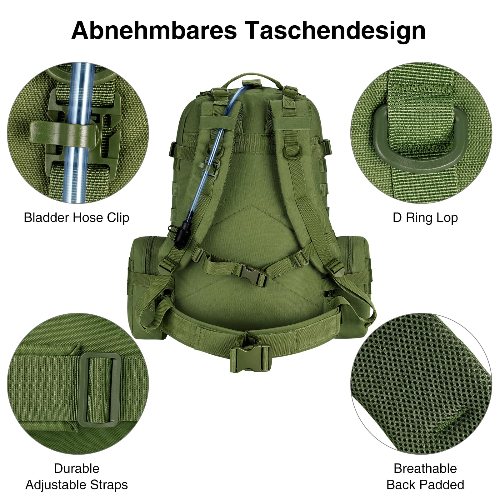 Zaino tattico militare da 60 l, grande zaino di sopravvivenza Molle, per uomo e donna, borsa rimovibile per esterni, verde, 60L, Zaino daypack