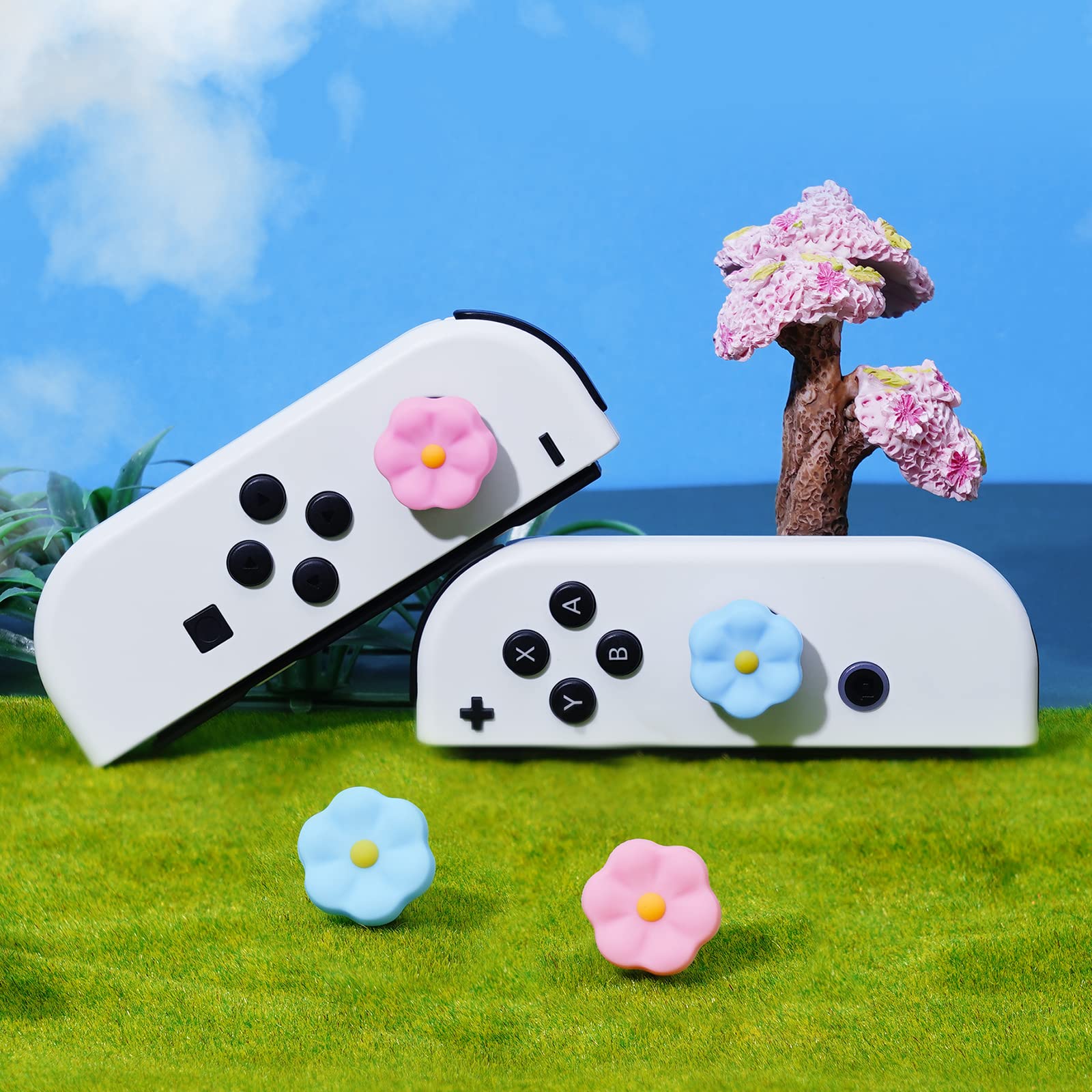 JINGDU Thumb Grip Caps for Switch Joy-Con, Cute Joystick Covers with 3D Pattern Cover Soft Adorable Silicone Analog 4Pcs Kit for Switch/OLED/Lite, Flower — view 6
