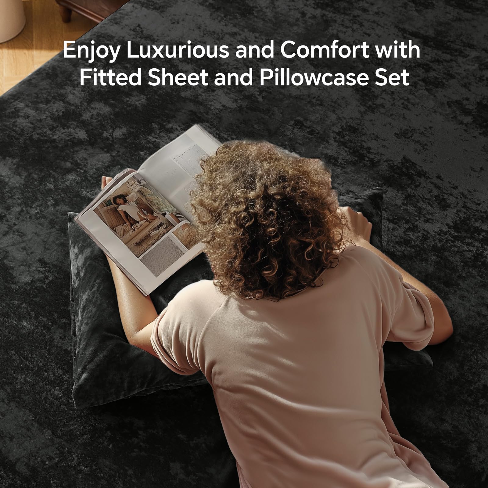 BEDELITE Velvet Fitted Sheet and Pillowcases Set, Luxury Soft Fuzzy Bottom Sheet with Reinforced Elastic Corner Straps, Deep Pocket up to 15 Inch, 1 Fitted Sheet and 2 Pillowcases (Queen, Black)
