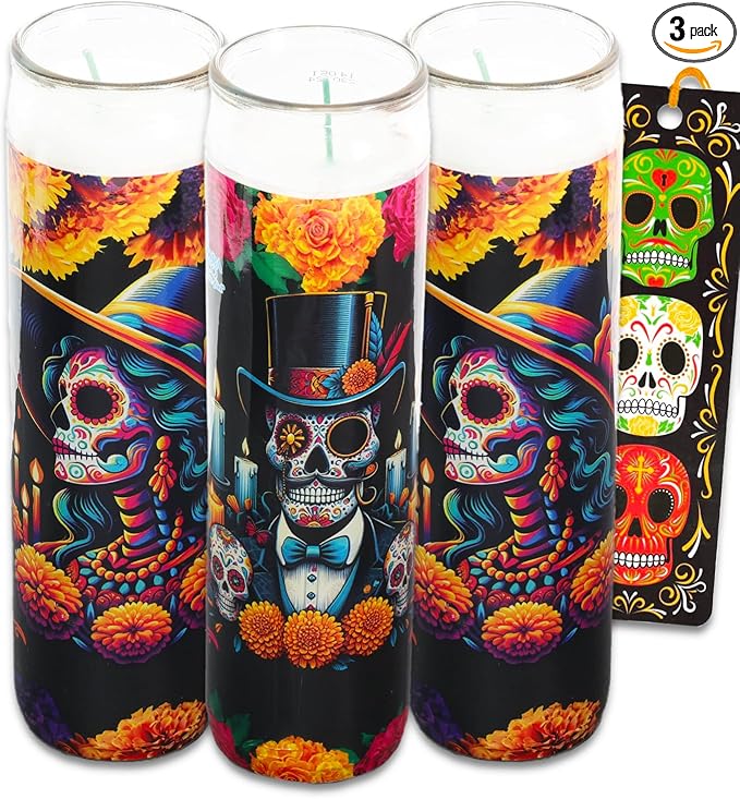 Dia de Los Muertos Religious Devotional Candles - 3 Pack of 8 Calaveras Sugar Skull Candles for Ofrendas, Vigils, Prayers, Blessing Ceremonies, More