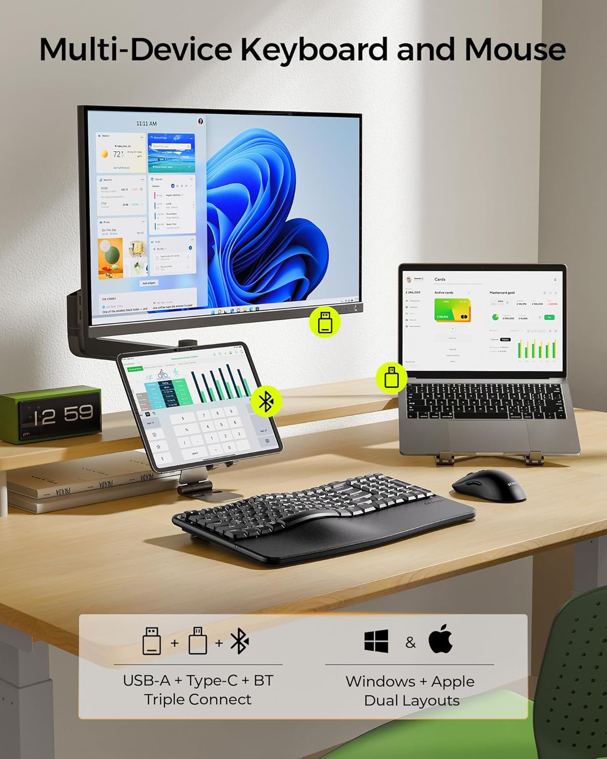 Multi-device setup with keyboard and mouse connected to laptop, tablet, and monitor