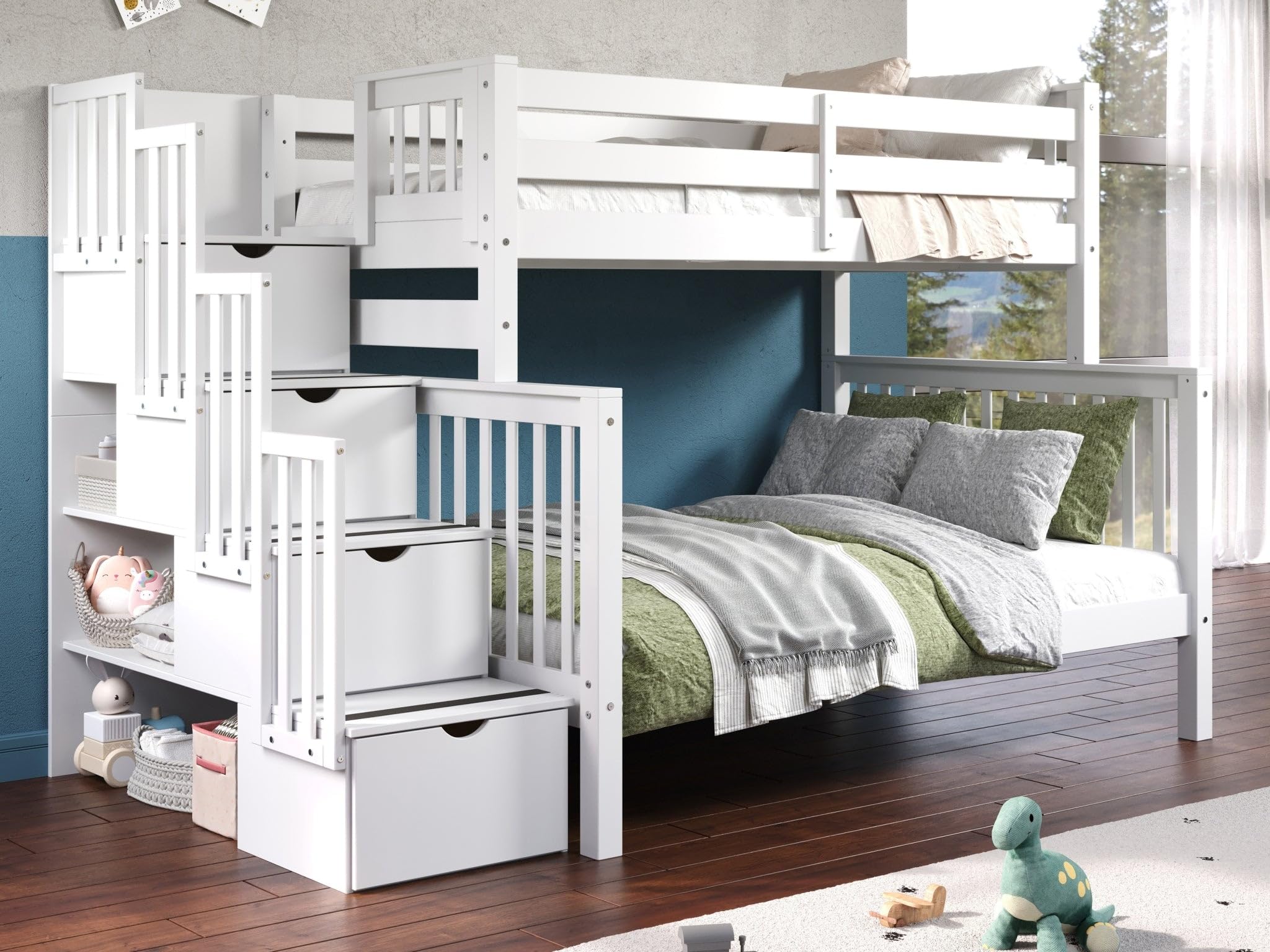 Bedz King Stairway Bunk Beds Twin Over Full with 4 Drawers in the Steps, White
