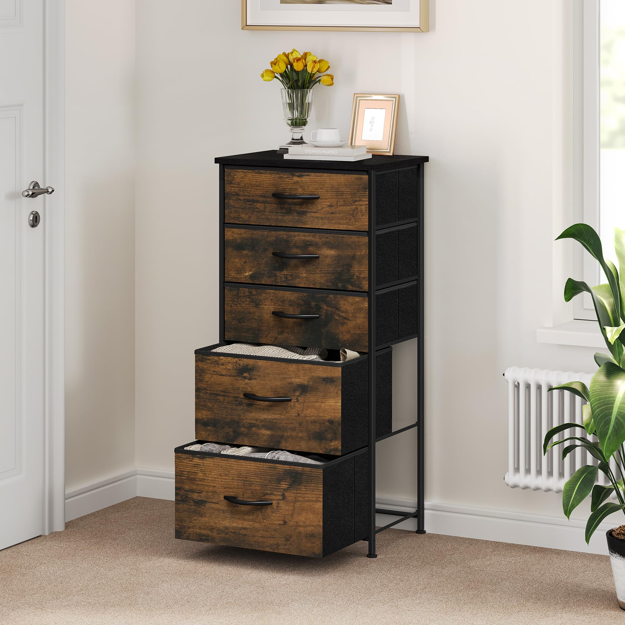 YITAHOME Commode pour Chambre à Coucher, Commode à 5 Tiroirs en Tissu Meuble de Rangement avec Dessus en Bois et Grand Espace de Rangement Chambre à Coucher, Salon, Chambre d'enfant, Rouille Brun