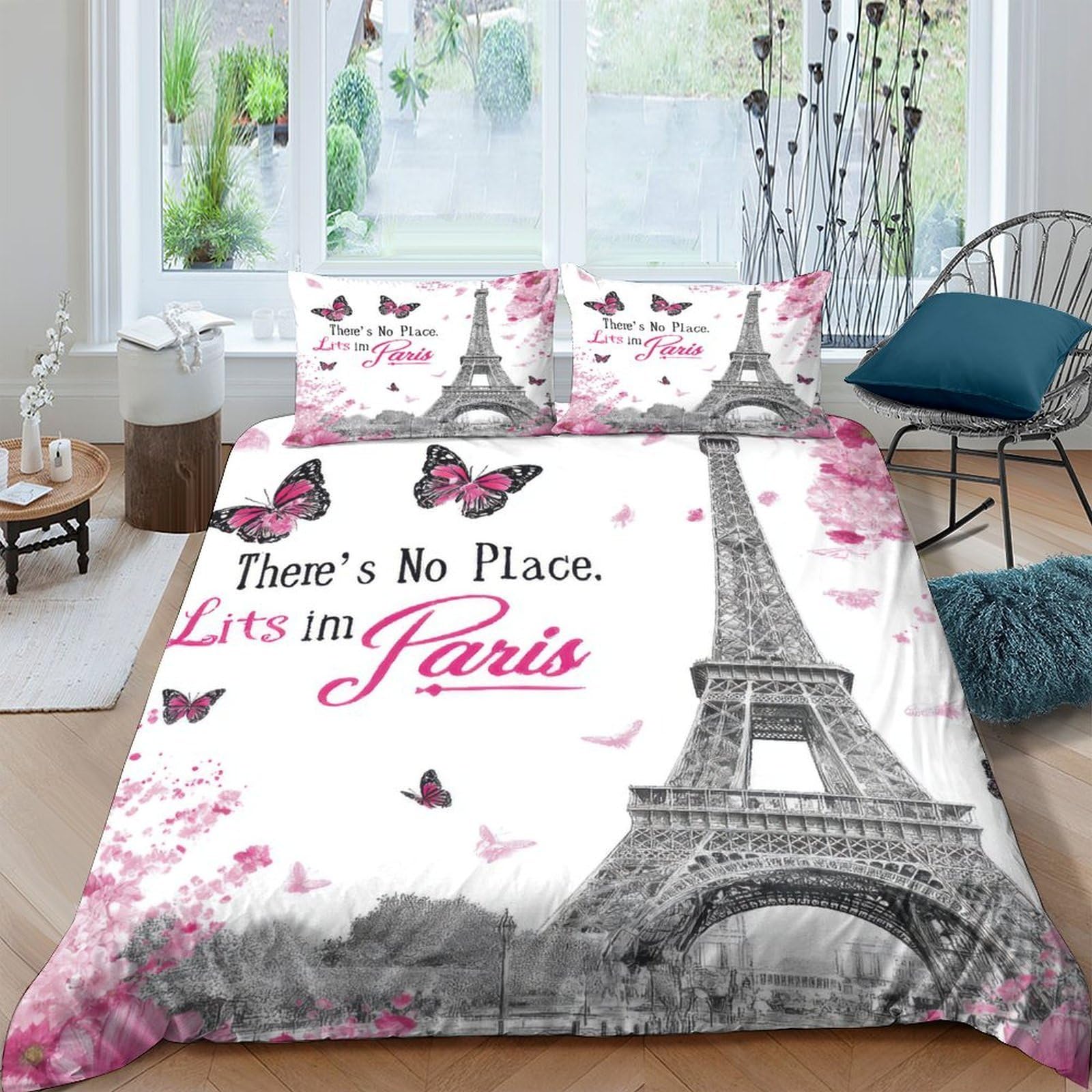 Ctjqhvkz Style-9 3D Printed Eiffel Tower Butterfly Fitted Sheet Microfiber Pink Artistic Bed Sheet Bedroom Decor Mattress Cover Single（135X200cm）