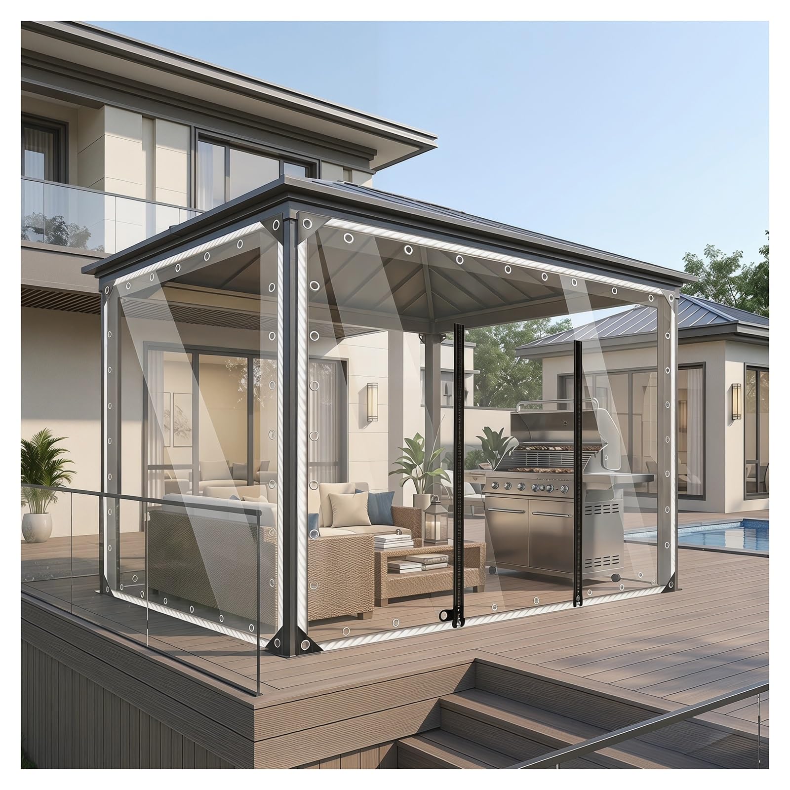 Clear tarps heavy duty waterproof，pvc clear waterproof tarpaulin with zipper，pergola porch plastic tarpaulin side panels，Outdoor Clear Tarp Curtain，with grommets(H2.9xW2m/H9.5xW6.5ft)