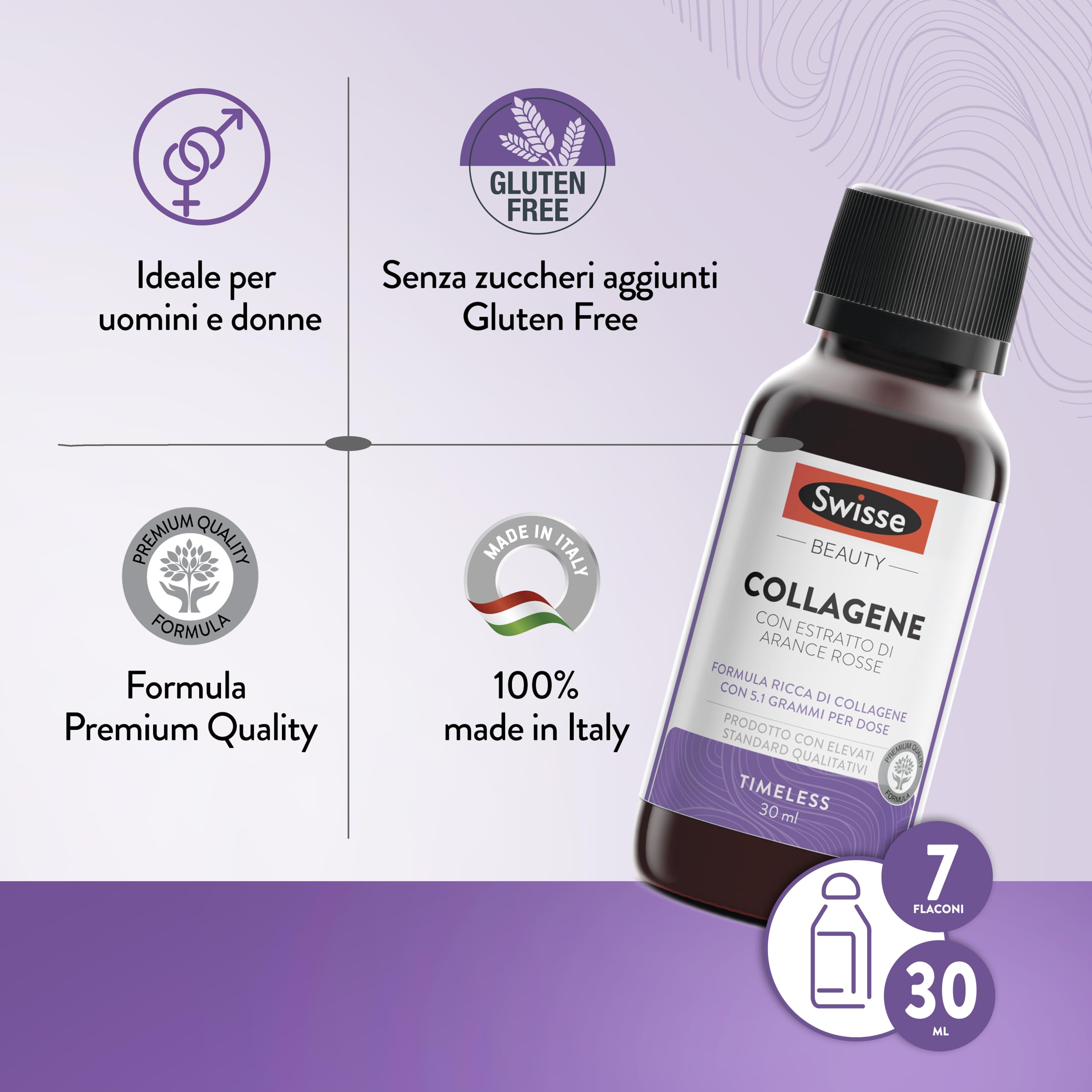 SWISSE Collagene Integratore Liquido - Collagene Idrolizzato da Bere Donna e Uomo con Arance Rosse per Pelle Elastica e Luminosa, Integratori Bellezza Attenua le Rughe, 7 Flaconi x 30 ml Made in Italy