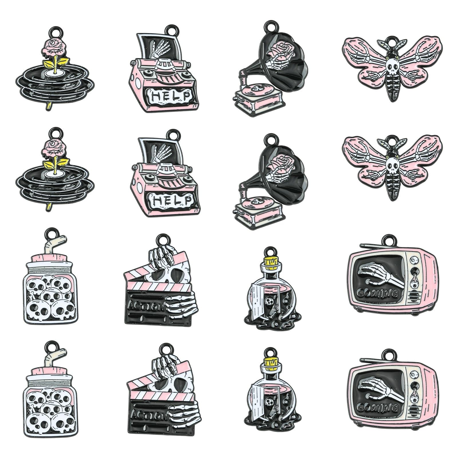 Stiesy 16Pcs 8 Styles Black Gothic Charms Vintage Skull Charm Pendant Pink Flower with Skeleton Enamel Charms Butterfly with Skull Jewellry Charm Bulk for Jewelry Making Bracelets Necklace Present