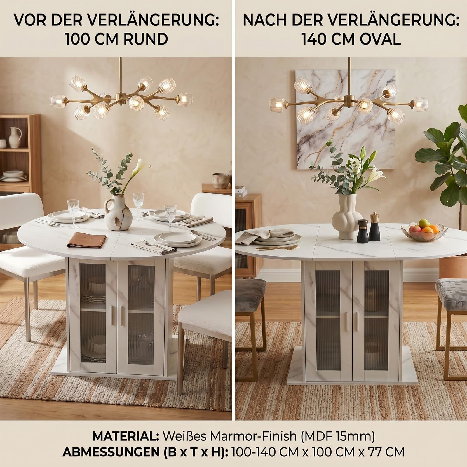 Esstisch Rund Ausziehbar, Ovaler Esstisch mit Kühlschrank Stauraum, Moderner Küchentisch für 4-6 Personen, geeignet für Küche, Esszimmer und Wohnzimmer