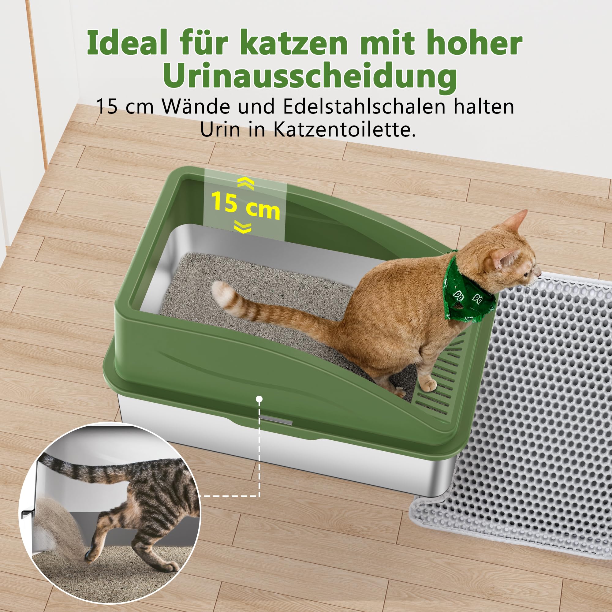 FURTIME - Lettiera per gatti in acciaio inox XXL, 28 L, grande capacità, a prova di fuoriuscite, con paletta per gatti in metallo, 60 x 40 x 31 cm (verde)