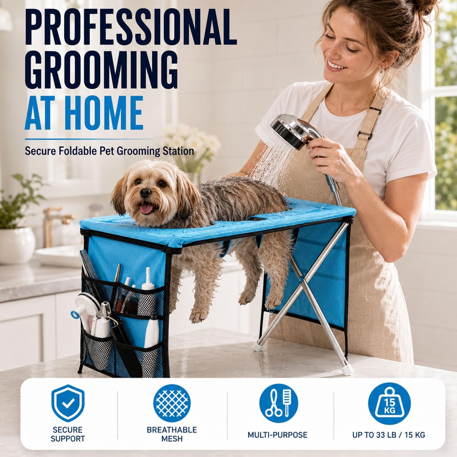 Hamac de Toilettage Chien Chat avec Support, Table de Toilettage Pliable