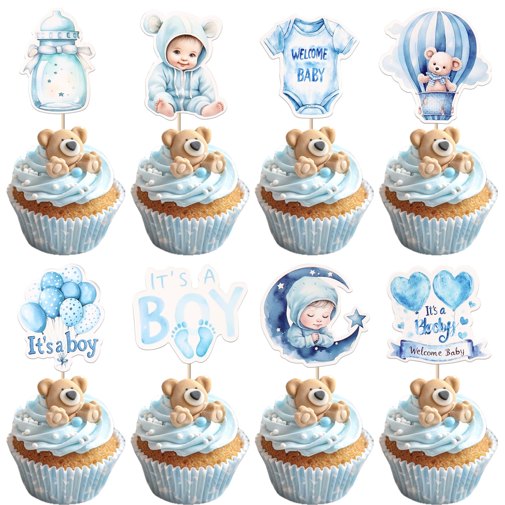 SYKYCTCY 40 Pack Baby Boy Cupcake Topper It's a Boy Cupcake Picks Blue Moon Baby Bottle Hot Air Balloon Cake Decorations for Welcome Baby Theme Gender Reveal Baby Boy Bithday Party Supplies