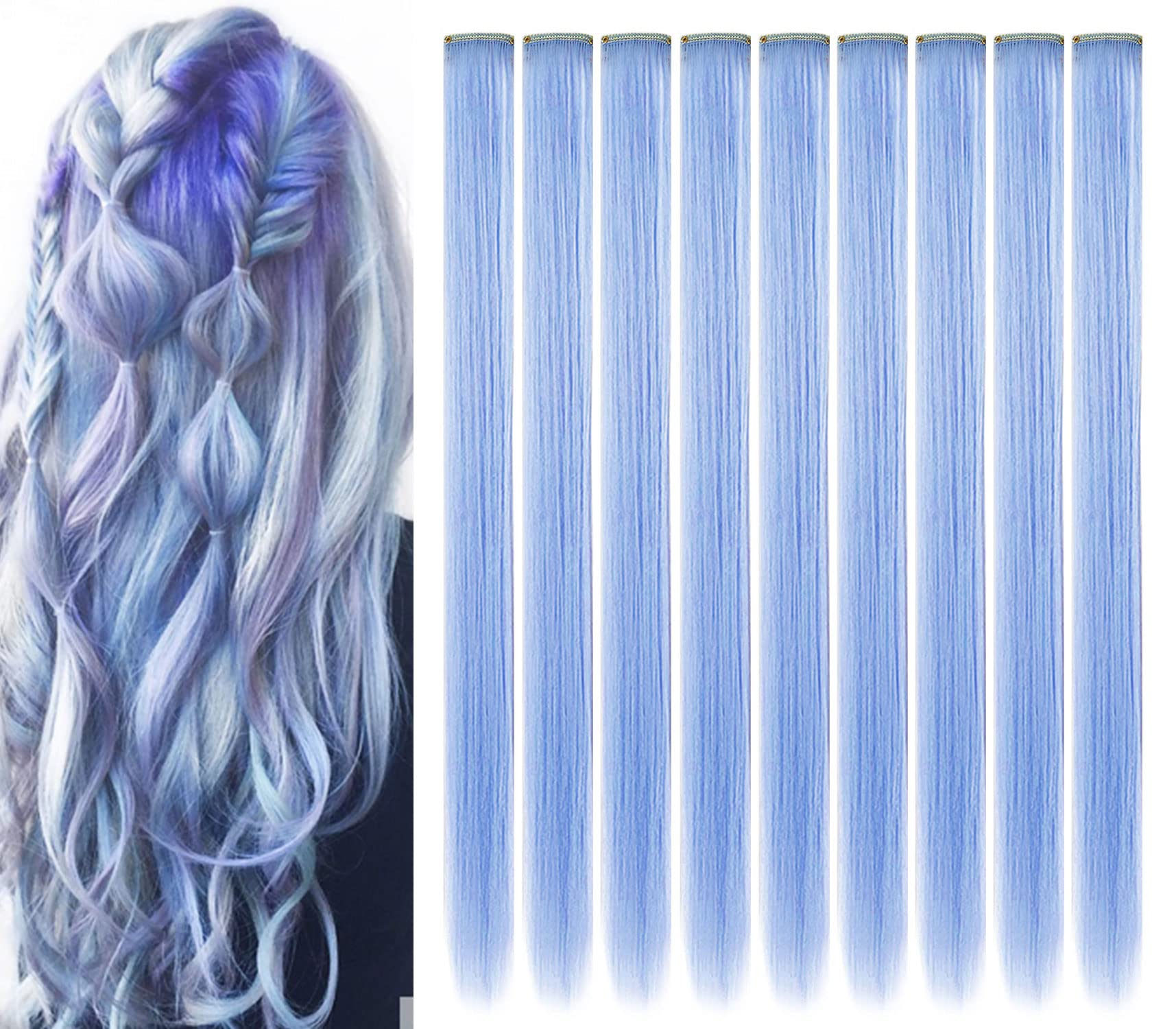 9 PCS 21 inch Coloured Hair Accessories,Light blue Hair Extensions Clip in Women Girls Party Highlights Synthetic Long Straight Hair Colourful Hairpieces (Light blue)