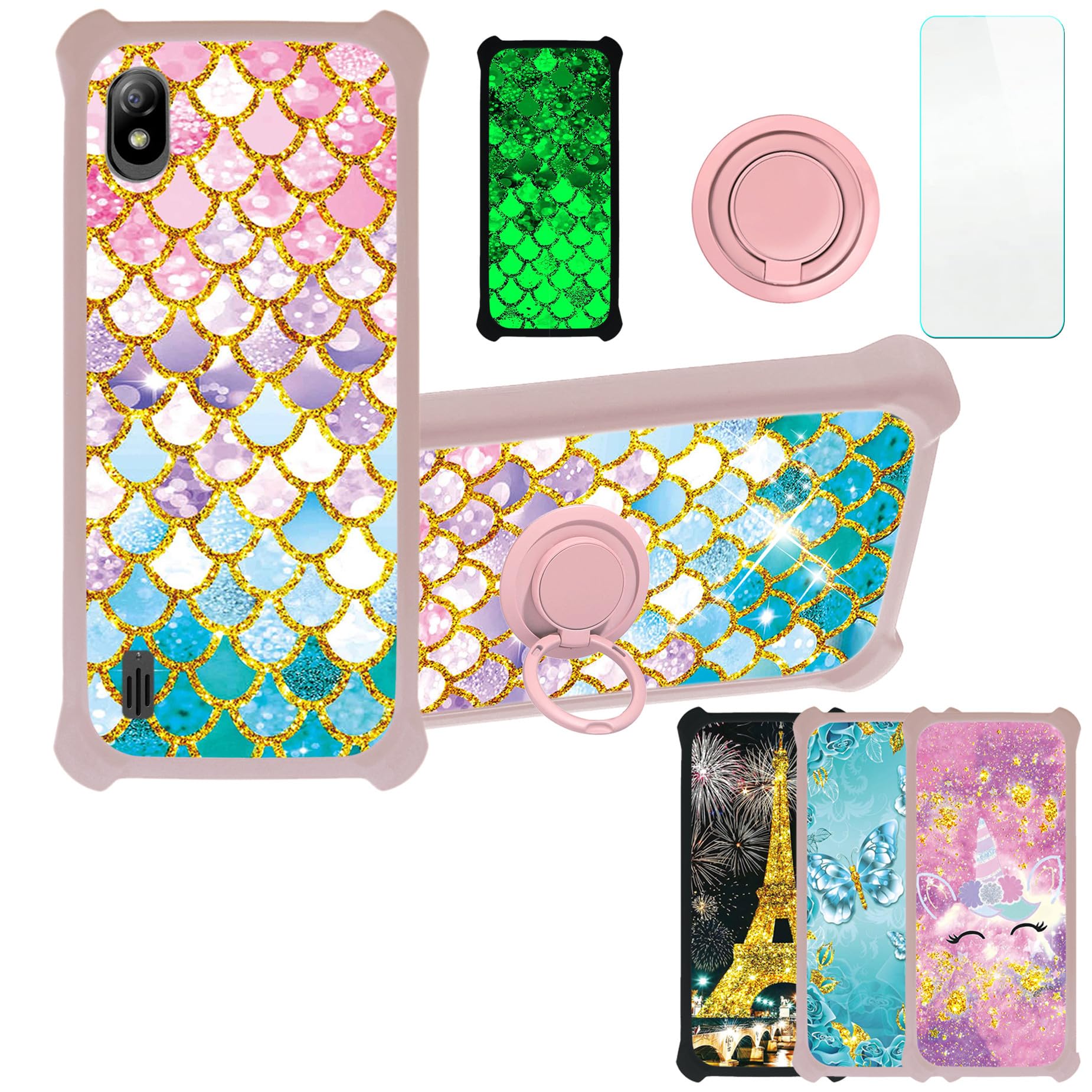 Boost Bounce 4G Case Compatible with Boost Bounce 4G Phone Case SL201D Case Cover [with Tempered Glass Screen Protector][Hard PC + Soft Silicone][Ring Support] [Gold Glitter+Luminous] JSF-YL