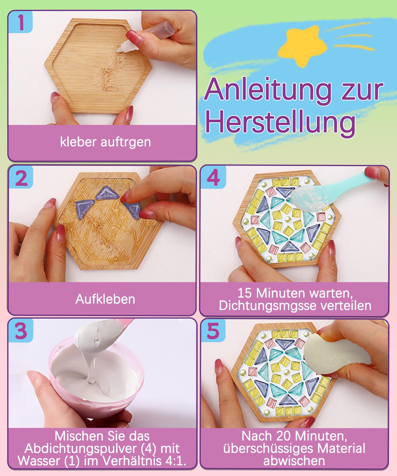 Finsink Set di 8 sottobicchieri a mosaico per bambini, set fai da te,di sottobicchieri in legno, set di pietre a mosaico per il fai da te, regalo di compleanno per bambini adulti