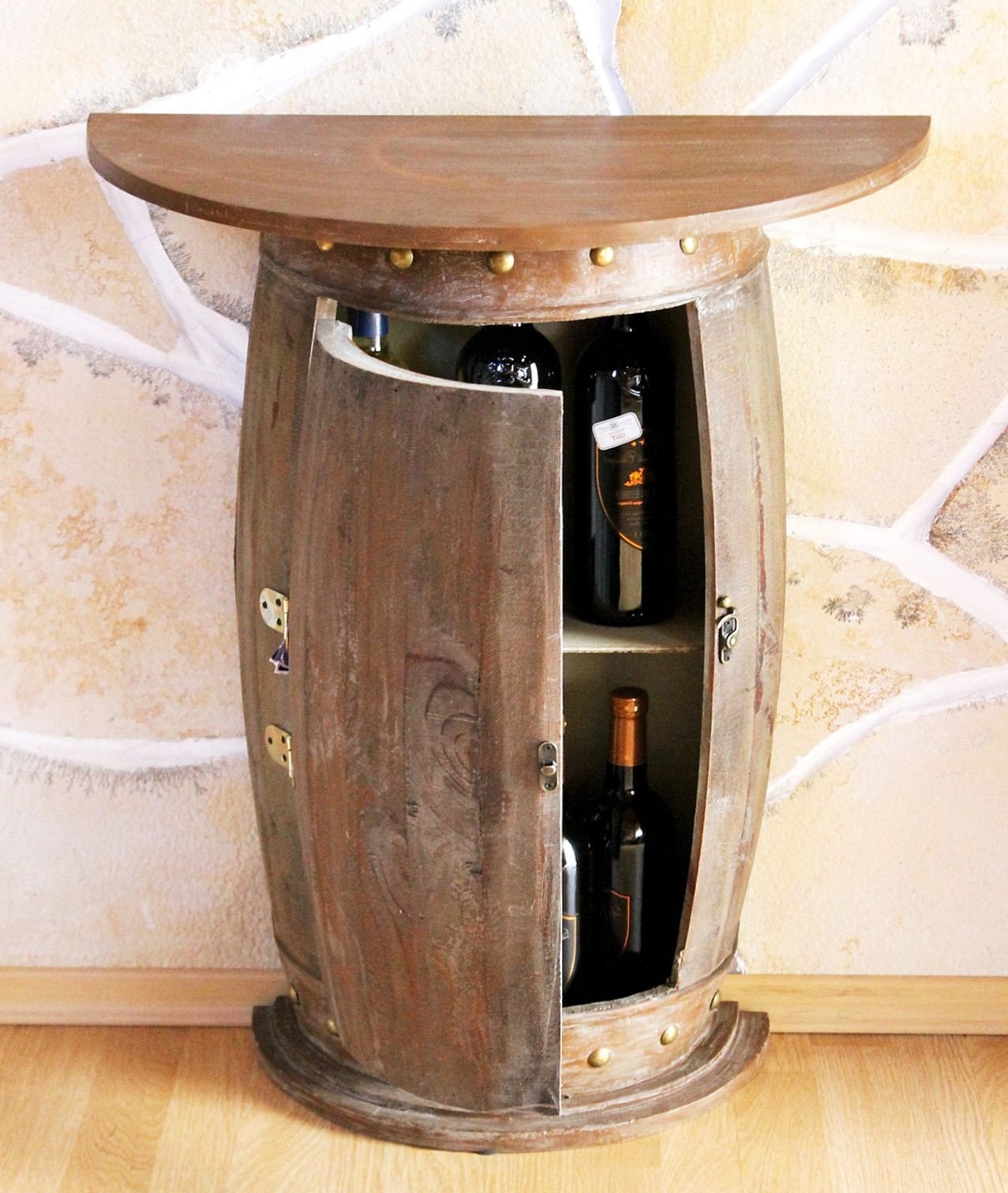 DanDiBo Wandtisch halbrund Tisch Weinregal Weinfass 0373-R Braun Schrank Fass aus Holz 73 cm Beistelltisch Konsole Wandkonsole Bar