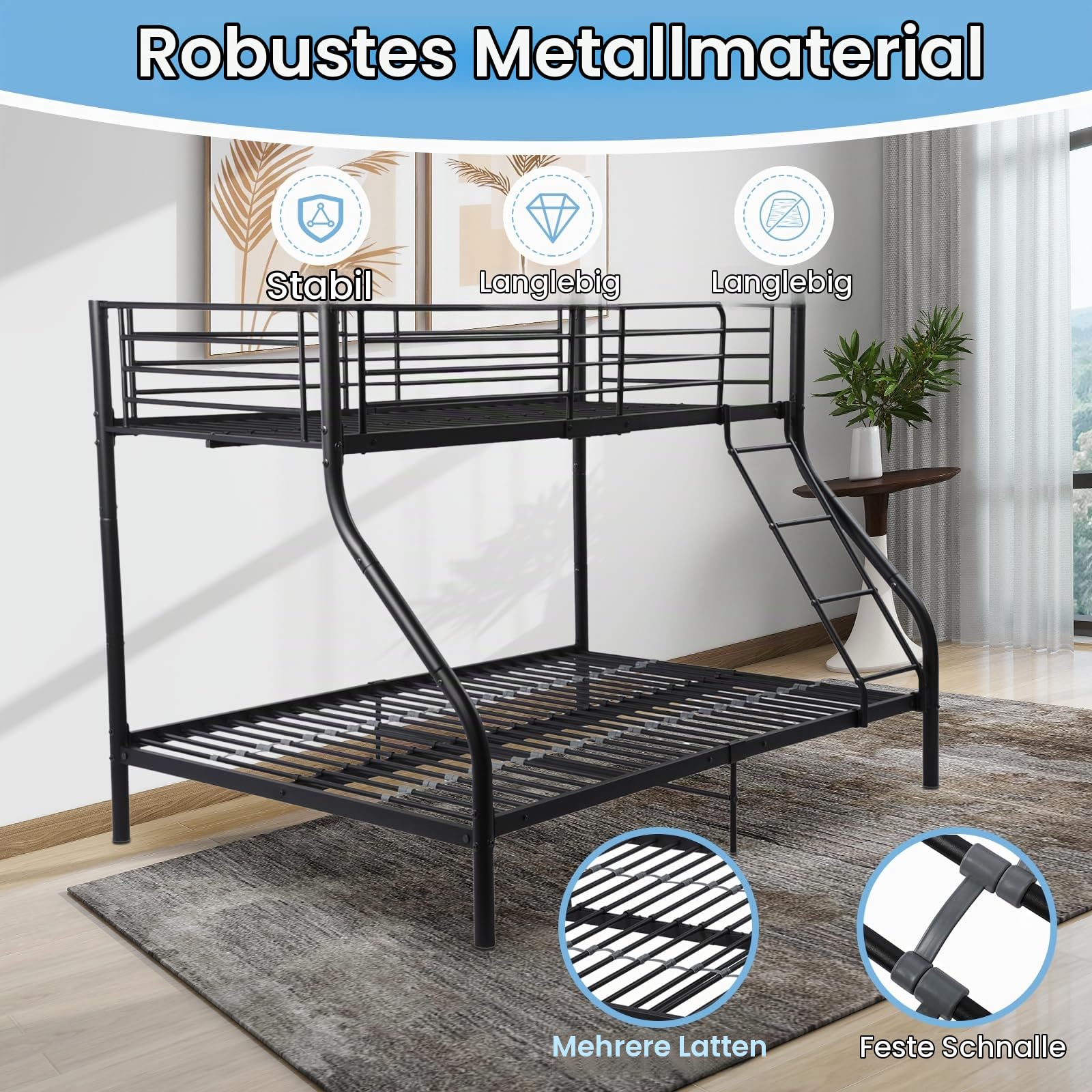 EGGREE Etagenbett Kinderbett 90x200 cm & 140x200 cm aus Metall, Schwarz | Metallbett mit Lattenrost, Leiter und Rausfallschutz, ideal für Kinderzimmer, Jugendzimmer und Gästezimmer