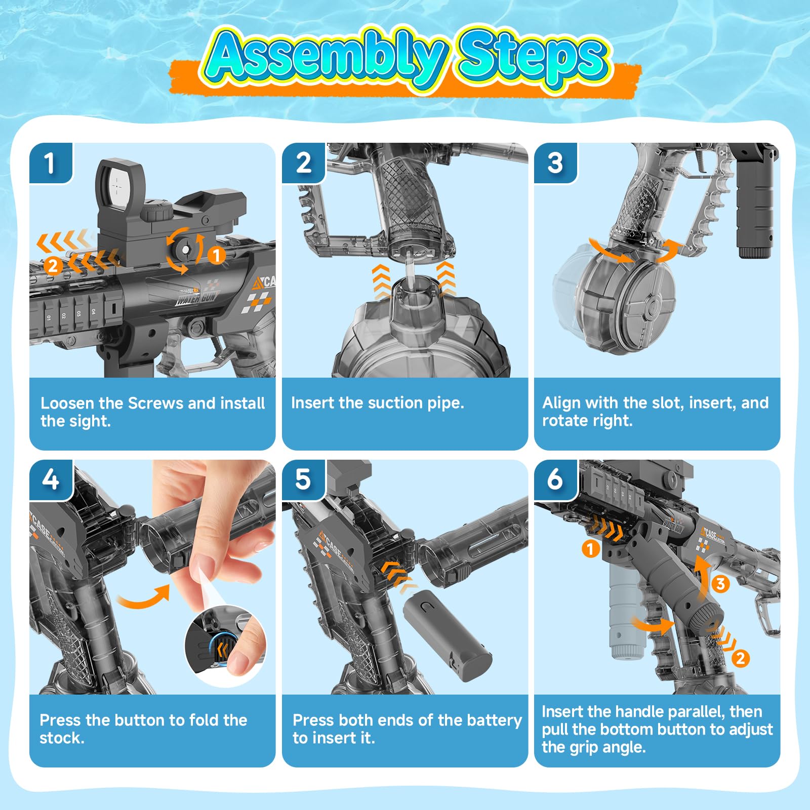 WUQNGI Pistolets et Fusils à Eau, Pistolet a Eau Electrique Puissant, Automatique 2-en-1 Pliable avec Effet de Flamme Lumineux, Grande Capacité, Jouet de Plage et Piscine pour Été Enfants et Adultes