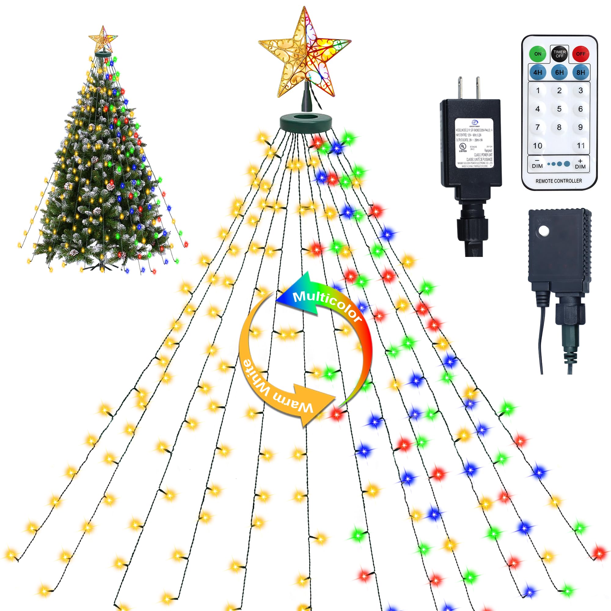 kemooie 300 LED Christmas Tree Lights, Color Change Cascading Lights with 11 Lighting Modes Remote Control Plug in Lights for Indoor Outdoor Christmas Tree Decorations