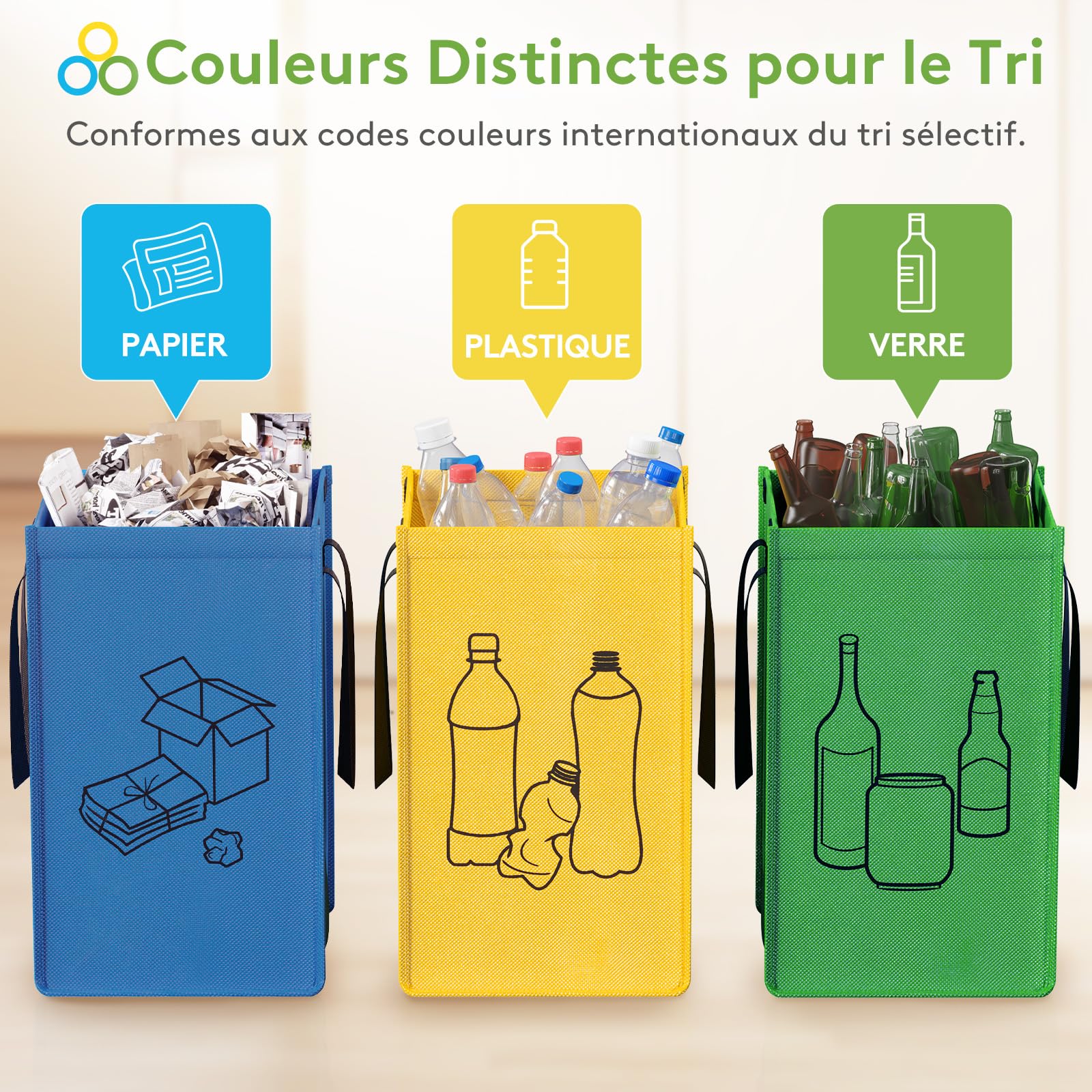 Lifewit Lot de 3 Sacs Tri Sélectif, Poubelles Recyclage 3 Couleurs, 45 L