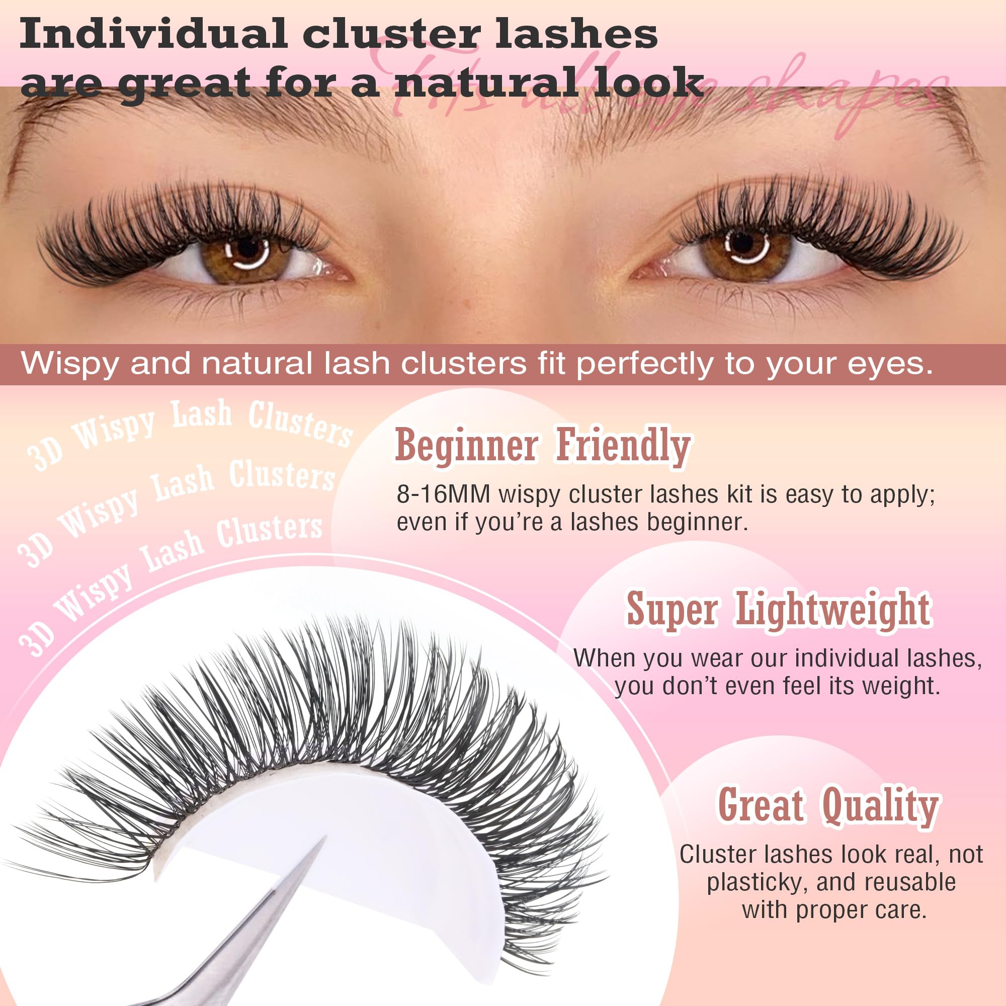 FANXITON DIY Individual Eyelash Extension Kit, Thick Volume Lash Clusters 40D+50D D Curvature, 280 Pieces Thin Band Cluster Lashes with Bond and Seal Tweezers: (NG04)DIY Lash Extension Kit-D