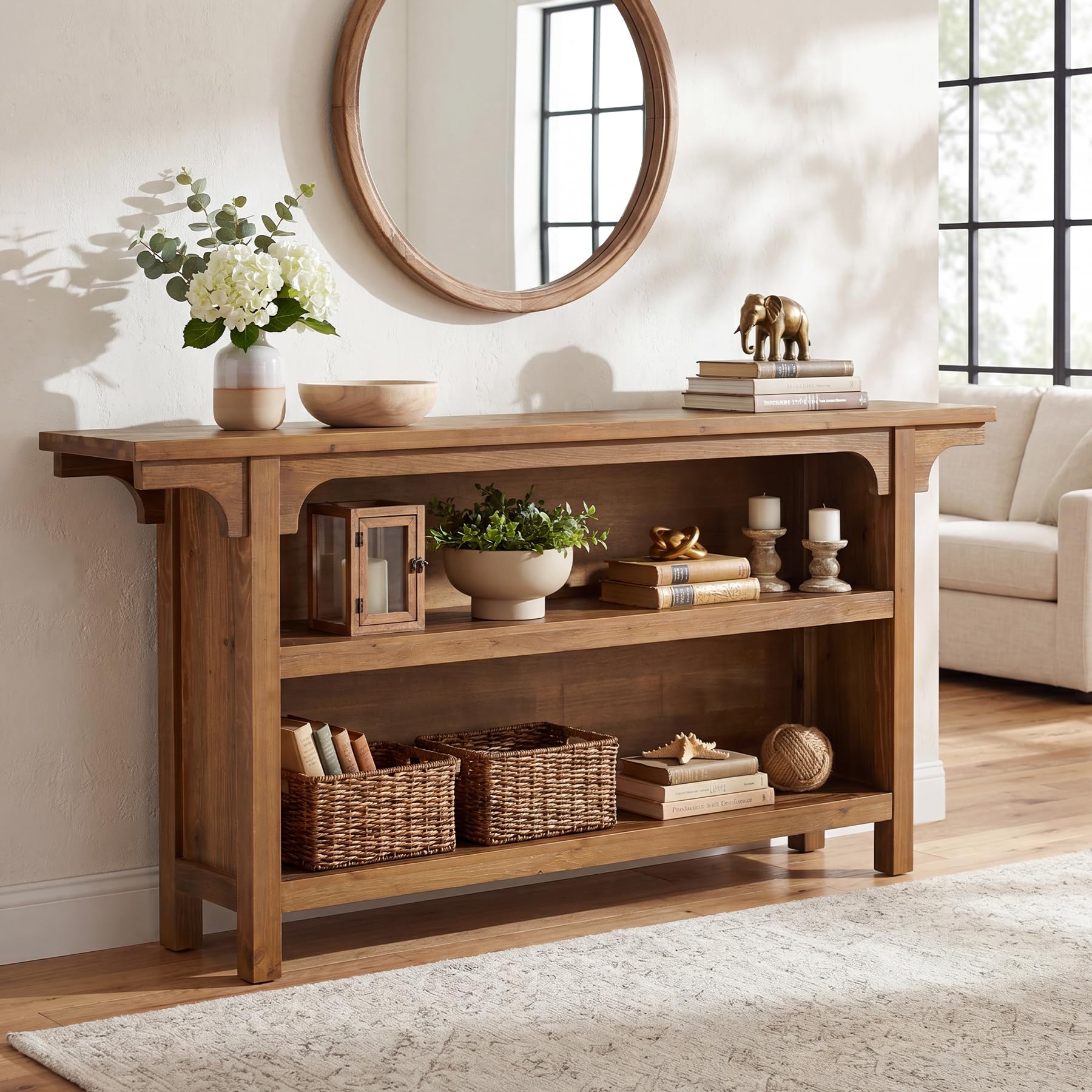 Mesa consola de madera maciza de 160 cm con 3 estantes de abeto