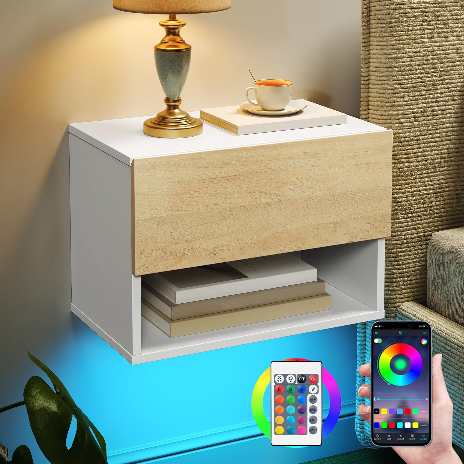 HOOBRO Mesita de Noche Flotante con Tira LED RGB, Mesa Auxiliar de Pared con 1 Cajón y 1 Compartimento, Mesa de Sofá, para Dormitorio, Sala de Estar, Blanco y Natural EWN202DBZ01