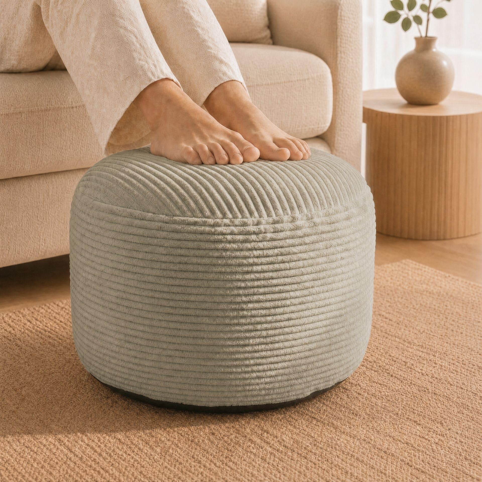 Stuffed Pouf Ottoman,Corduroy Foot Rest,Light Greige,20 Inch