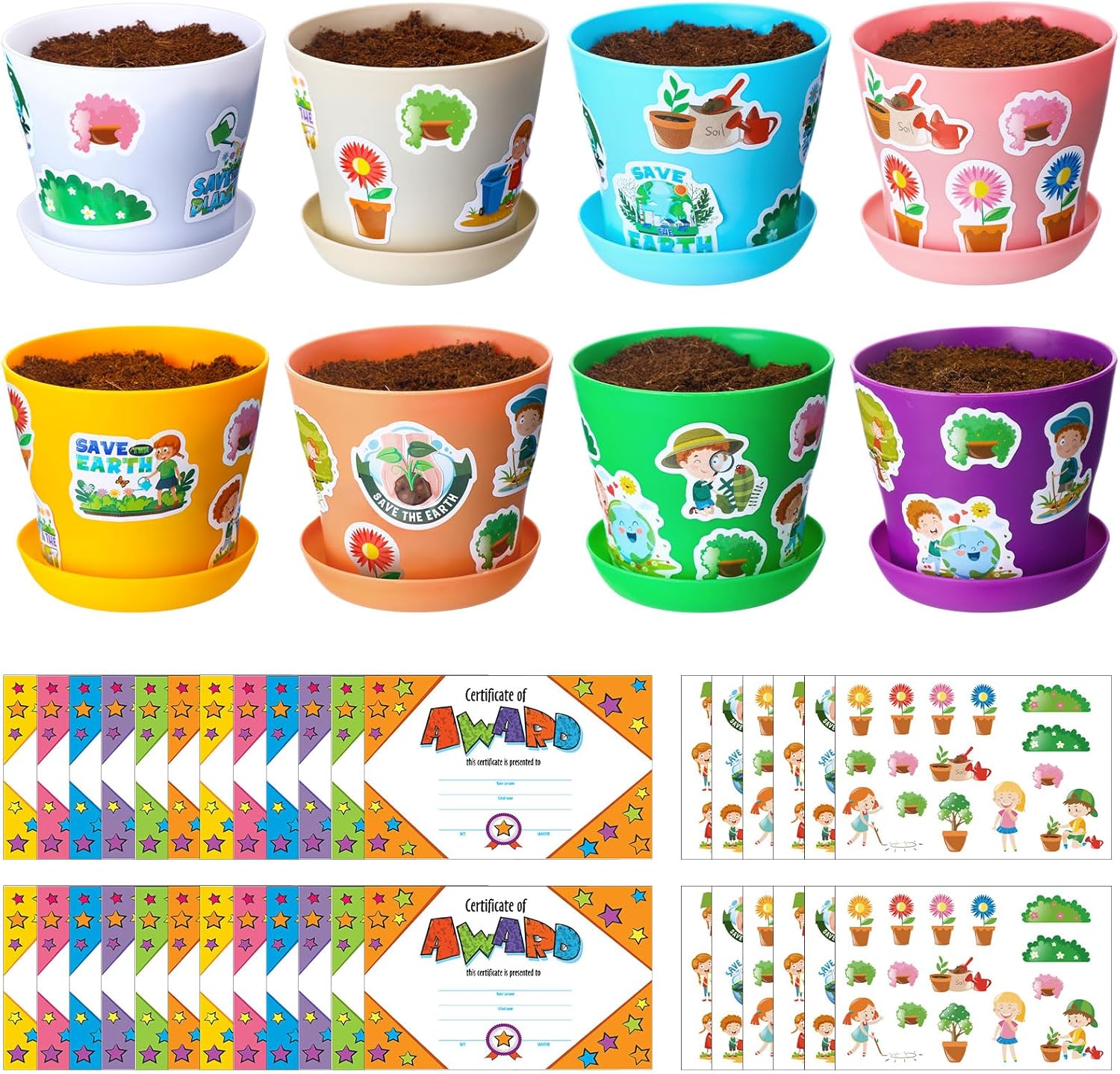 Domensi 30 Set DIY Plastic Pot Craft for Kids Bulk Earth Day Crafts 4 Inch Flower Pot Planters with Tray Drainage Holes with 458 Stickers 30 Cards for Spring Mother's Day Planting(Multicolor)