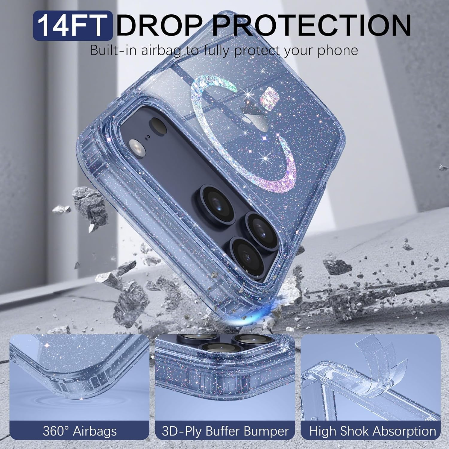 BENTOBEN Magnetic for iPhone 17 Pro Max Case, Clear Crystal Glitter Bling 17 Pro Max Phone Case [Compatible with MagSafe], Shockproof Sparkly Cute Women Girl Cover for iPhone 17 Pro Max, Deep Blue - Image 5