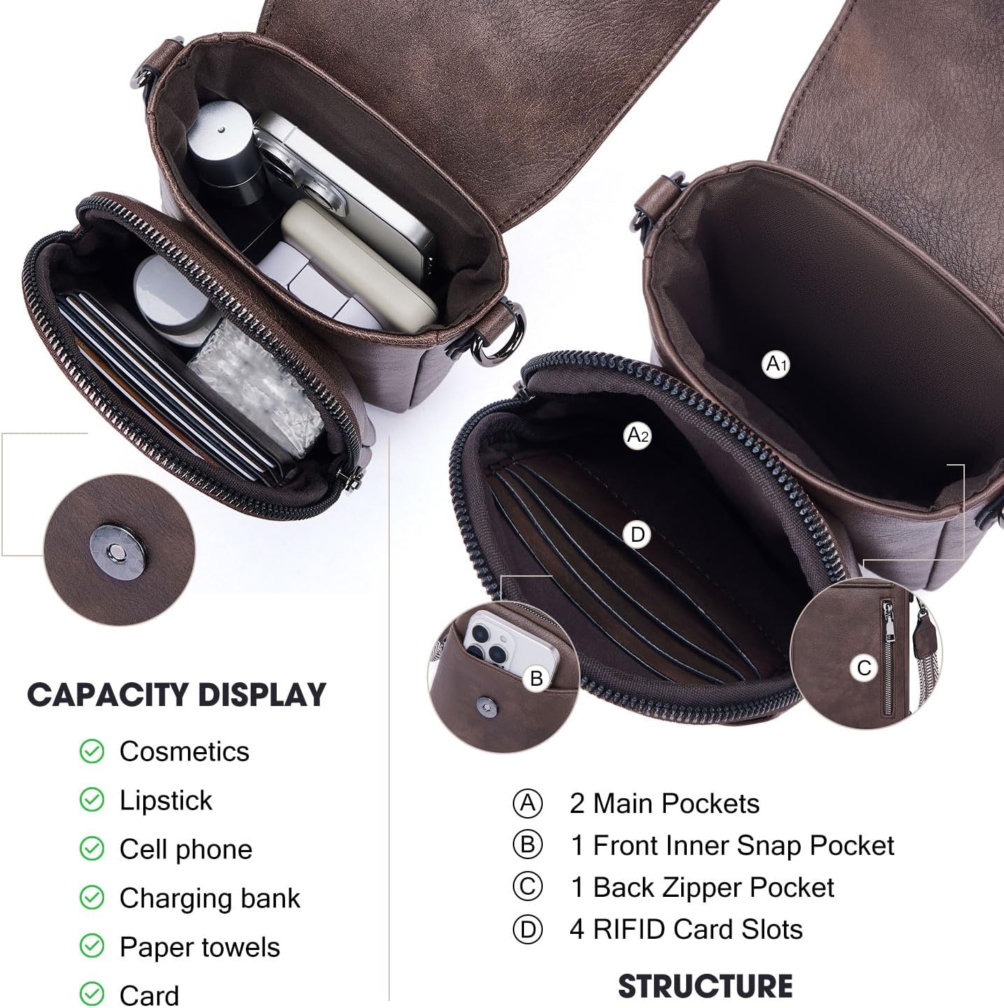 POIUGOYA Small Crossbody Bags for Women Trendy,Leather Triple Compartment Cell Phone Crossbody Wallet Purses with Card Slots | Small, Trendy, Triple Compartment, Cell Phone, with Card Slots, Small - Image 4