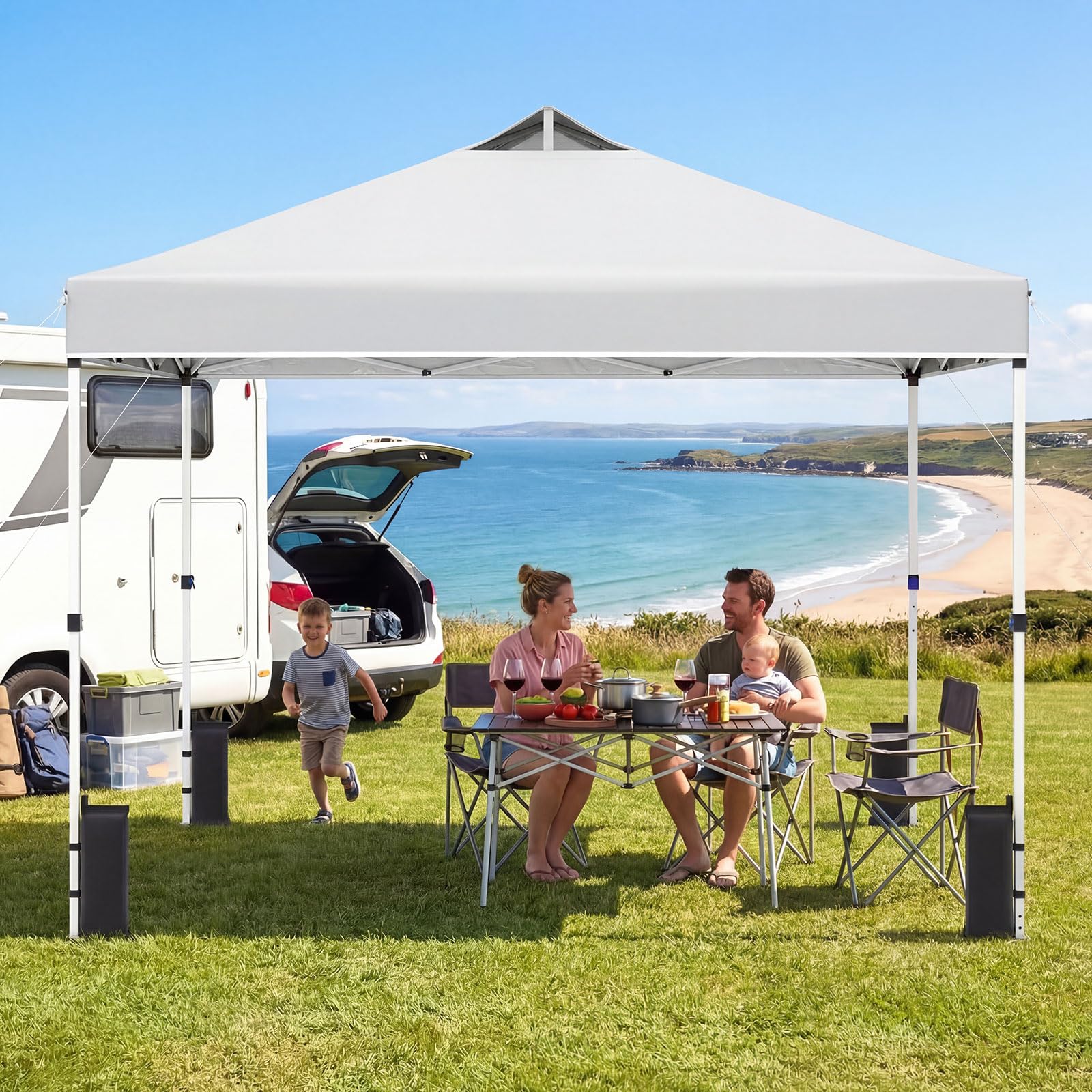 RELAX4LIFE Tonnelle Pliante 3x3 Pop-up, Barnum Pliant 3x3 Facile à Monter, Anti-UV UPF50+, Cadre Métallique, Sacs de Sable, Portable avec Sac à roulettes, pour Camping Marché Événements (Blanc)