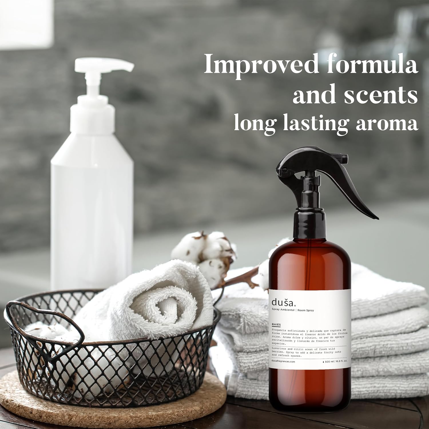 Dusa Baies Room Spray - 16.9 fl oz - Ultimate Home Fragrance, Bed Room Essentials & Soothing Fabric - Natural Air Freshener & Linen Mist for Home - Eco-Friendly Odor Eliminator w/Aromatherapy