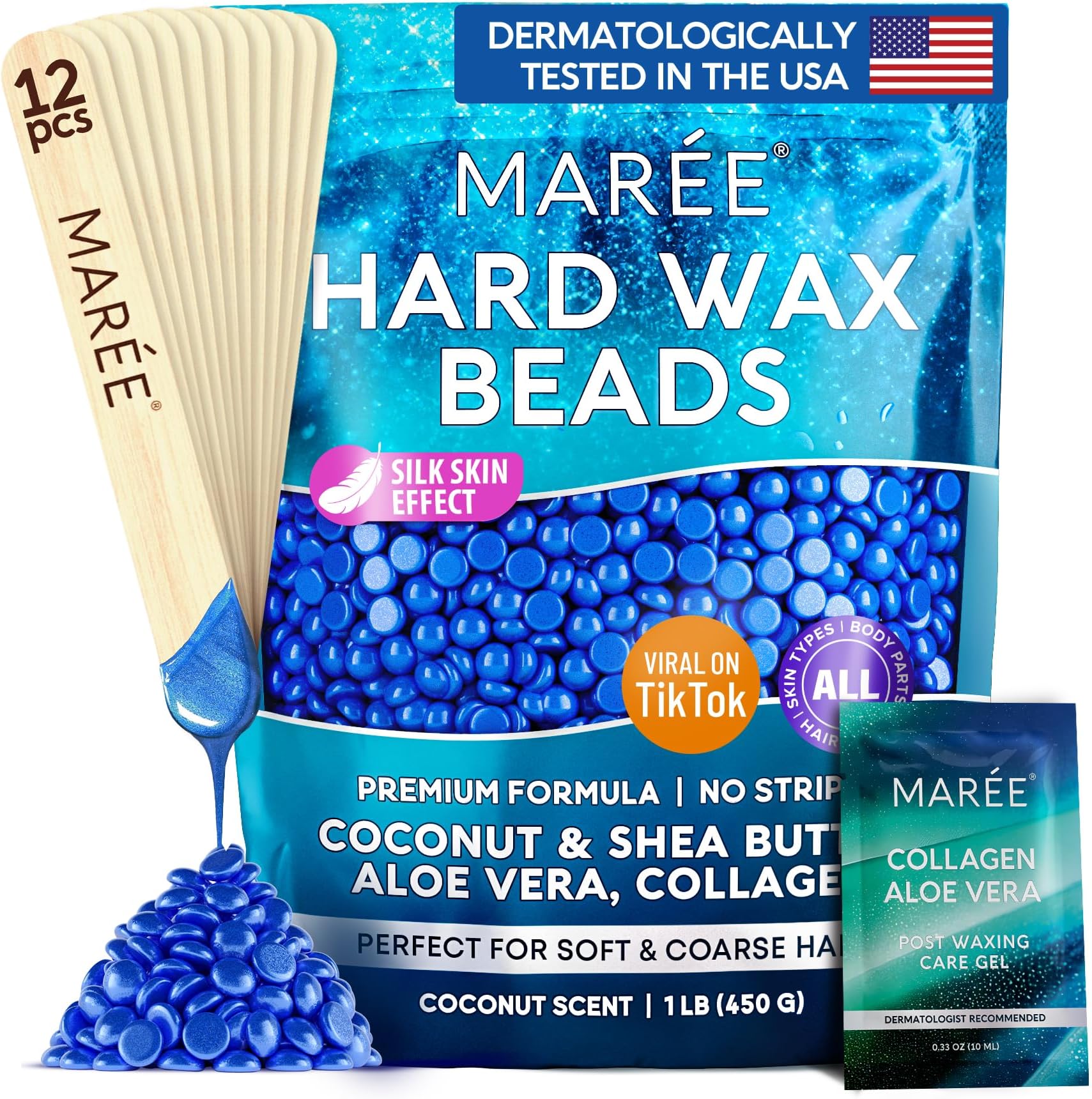 Hard Wax Beads - Hair Removal Kit with Marine Collagen Shea Butter & Aloe Vera - Body & Bikini - For Sensitive Skin - 450G