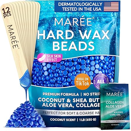 MAREE Hard Wax Beads - Hair Removal Kit with Marine Collagen Shea Butter & Aloe Vera - Body & Bikini - For Sensitive Skin - 450G