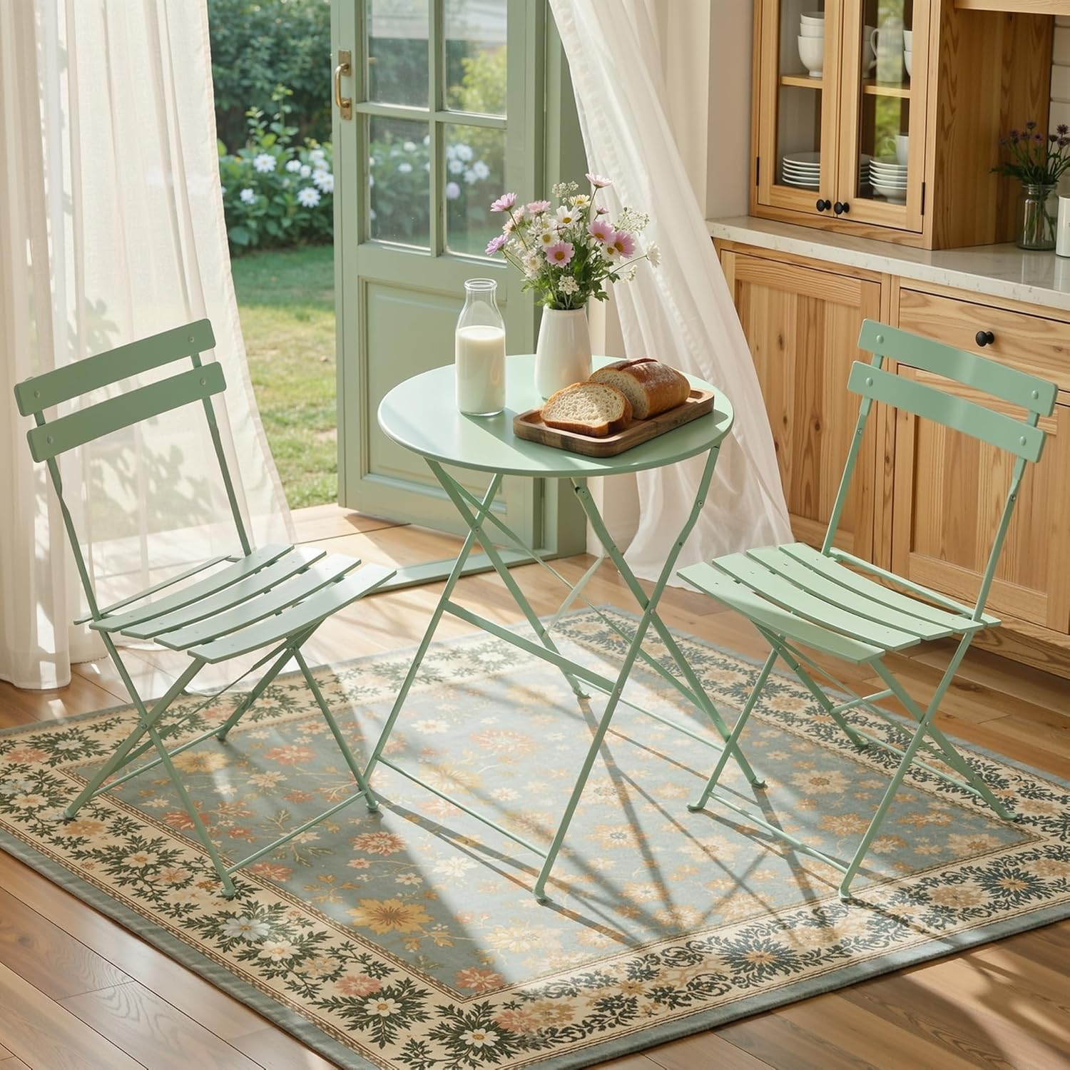 LIFERUN 3-Piece Folding Bistro Set Outdoor, Powder Coated Weatherproof Patio Furniture Set, Bistro Table and Chairs Set of 2 for Cafe, Patio, Garden, Balcony, Space Saving, Green