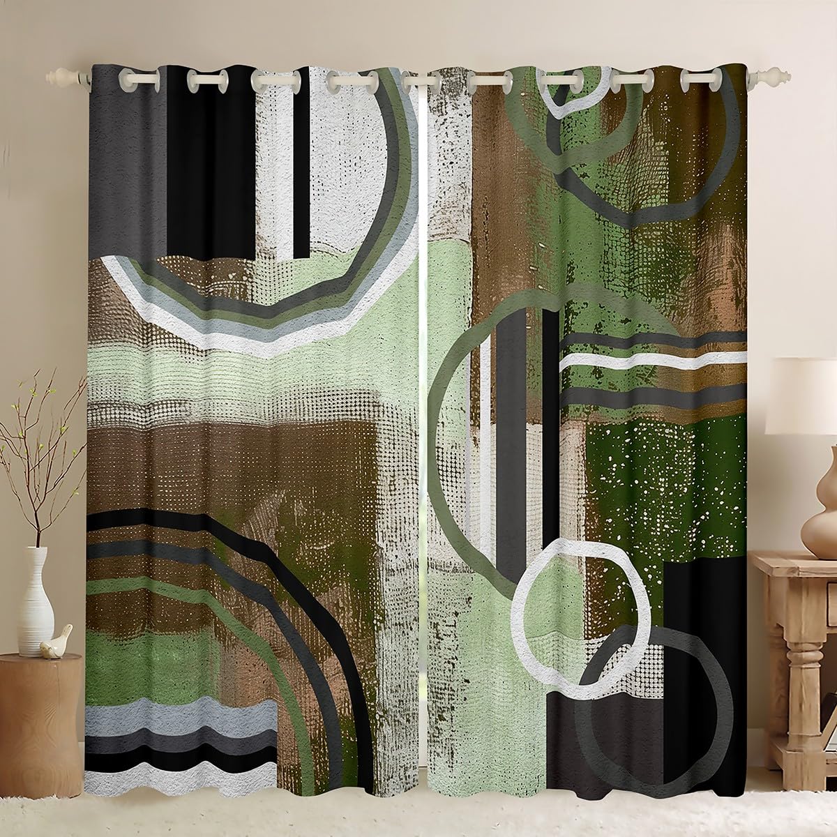 Erosebridal Mint Green Brown Gray Curtains,Circles 100% Blackout Curtains Living Room,Gurnge Oil Painting Bedding,Geometric Darkening Curtains,