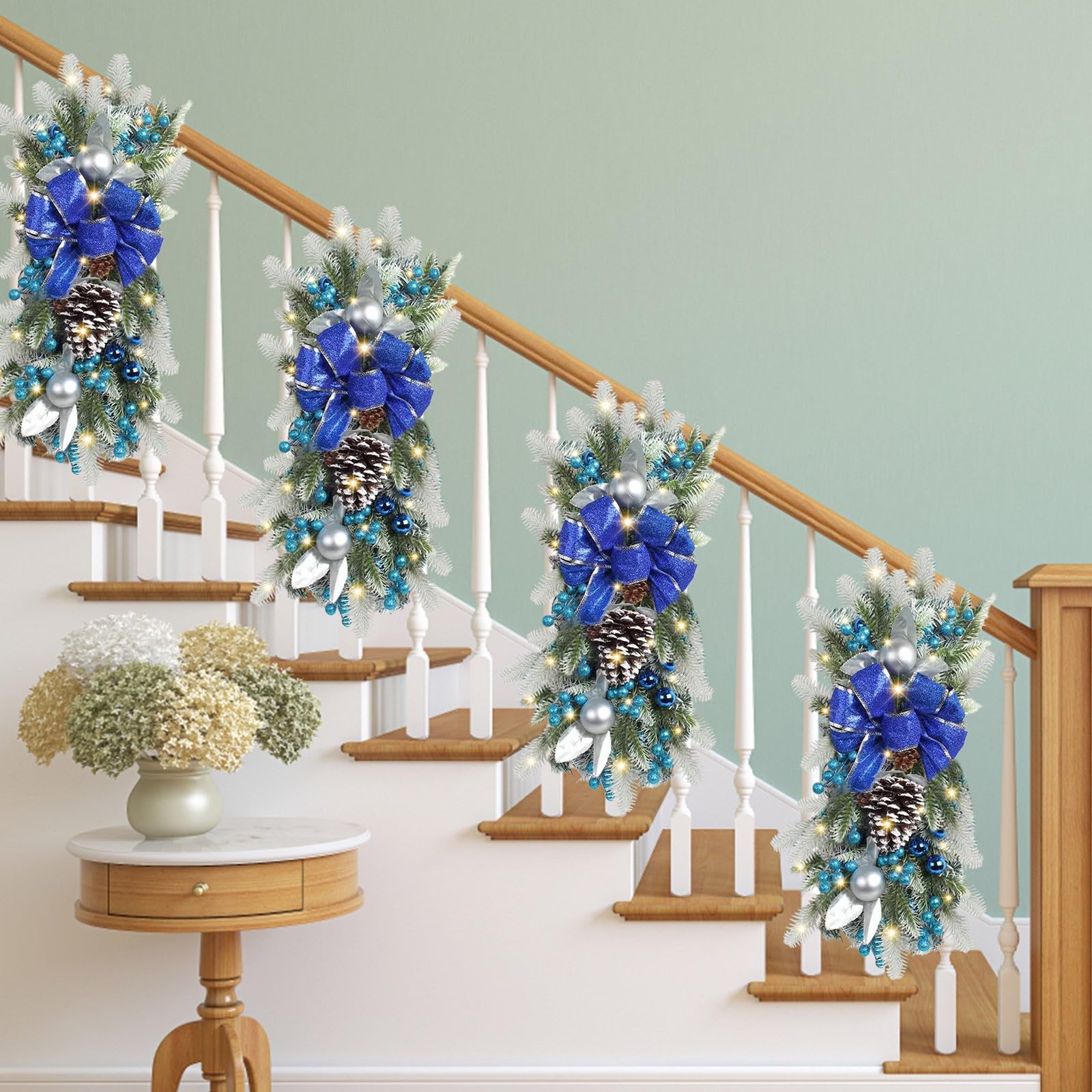 Türkranz Frühling 2PCS Weihnachtskranz Schleife mit Lichtern Outdoor Weihnachtskranz für Haustür für Urlaub Weihnachtsfeier Dekorationen (Blue, One Size)