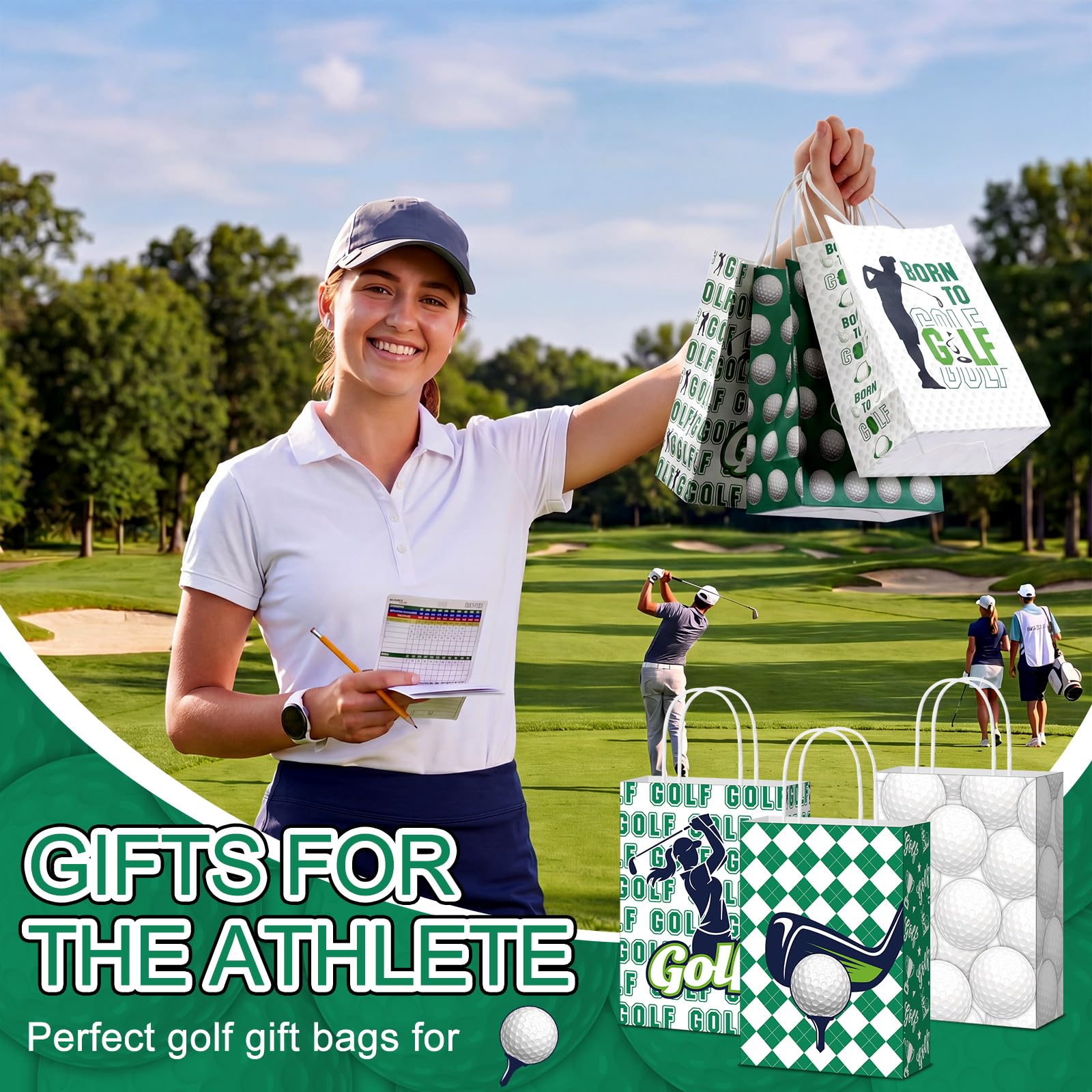 MotiMind 24 Pcs Golf Party Favor Bags Golf Themed Goodie Gift Wrapping Paper Bags with Handles Portable Sports Ball Candy Snack Treat Pouch for Birthday Party Decorations Team Supplies