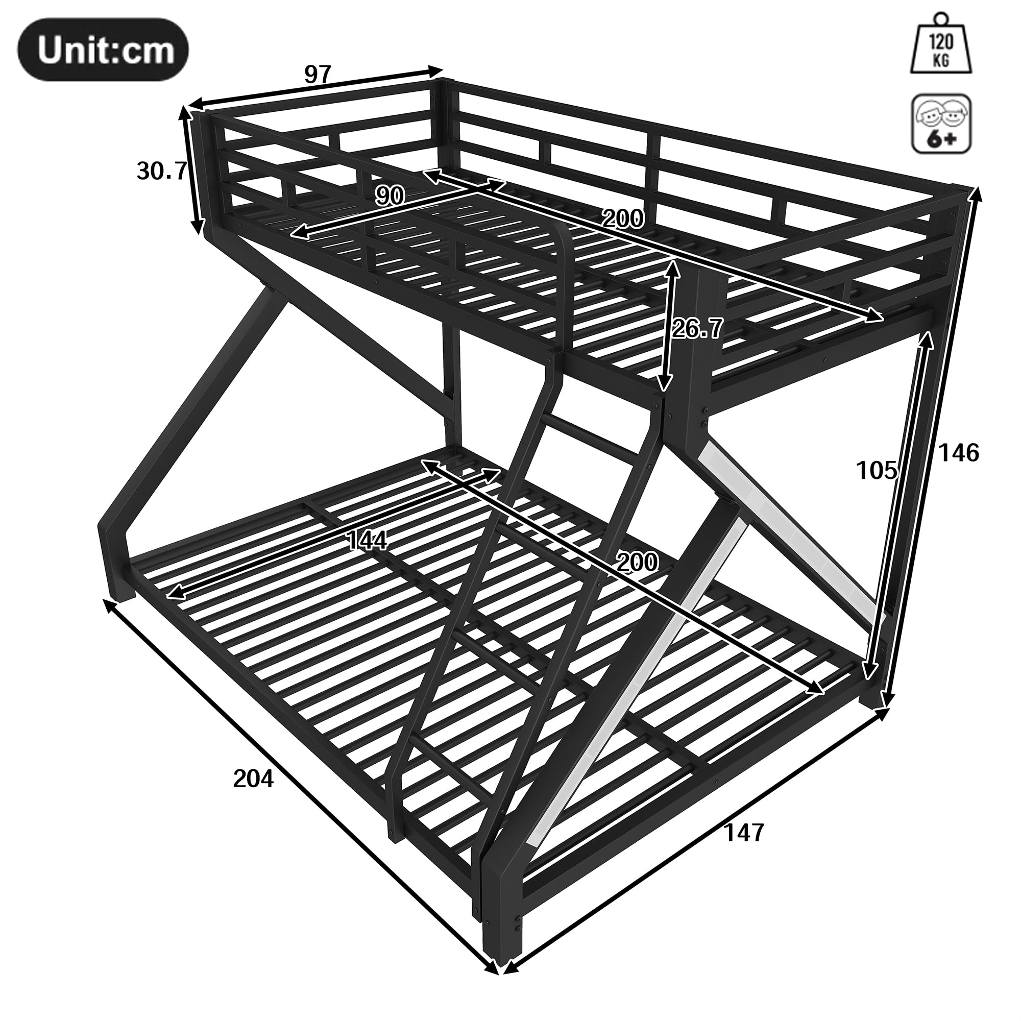 Litera con LED para niños y adultos, cama infantil con barandilla y escalera, hierro 90x200+140x200 cm, negro