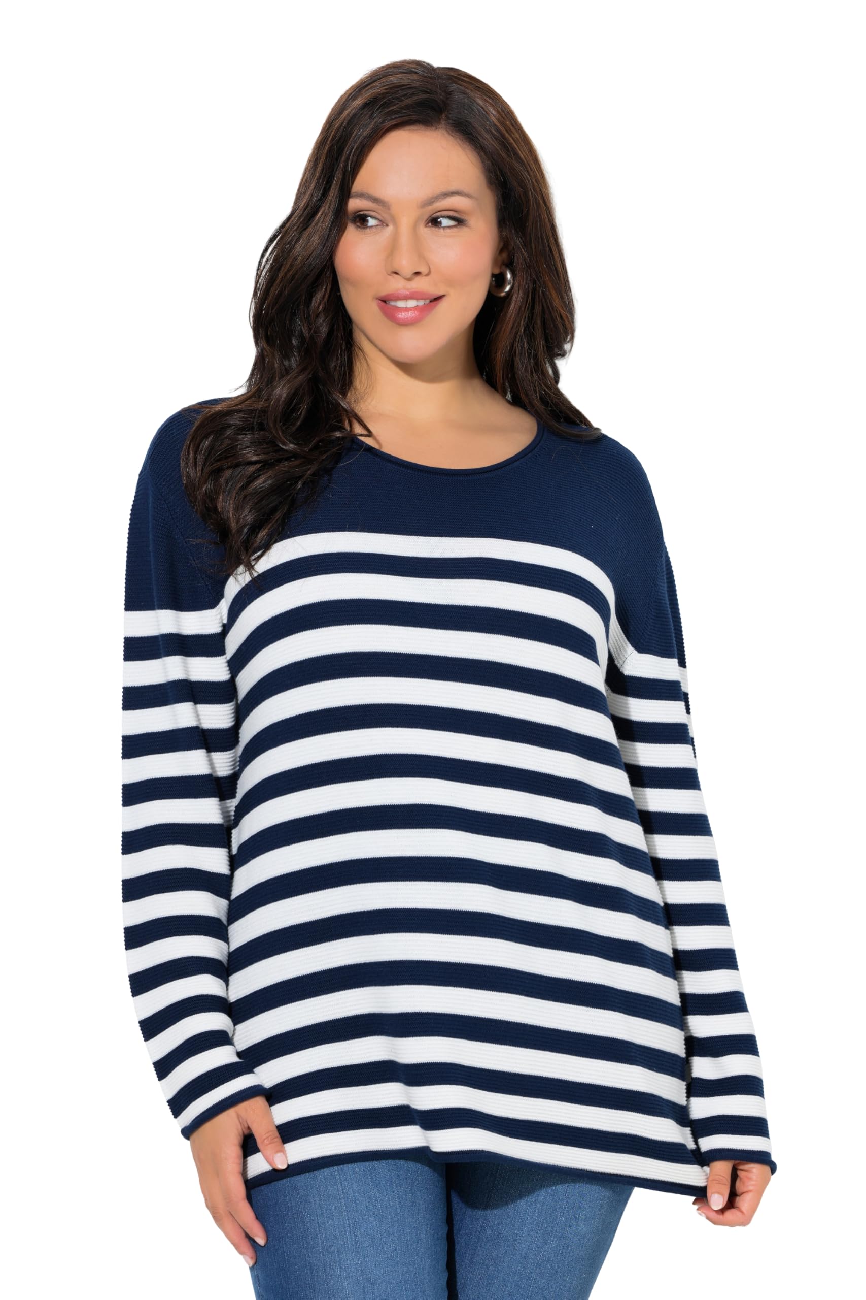Ulla Popken Damen große Größen Übergrößen Plus Size Pullover, Bretonstreifen, Rundhals, Langarm, Rollkanten 845787