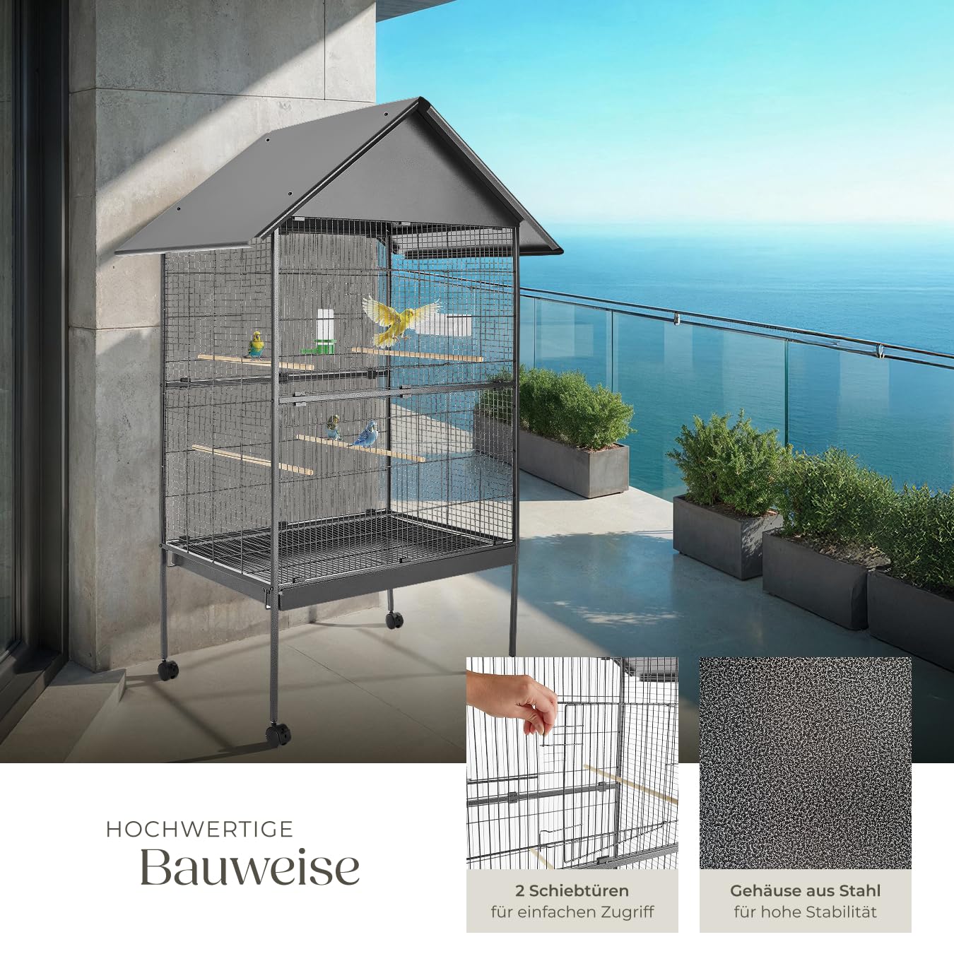 tectake® Vogelkäfig groß, Papageienkäfig mit Sandschublade, Voliere auf Rollen, Birdcage mit 4 Sitzstangen, Vogelvoliere mit Rollen, 85 x 60 x 168 cm, Nymphensittich Käfig, Vogelkäfig Wellensittich